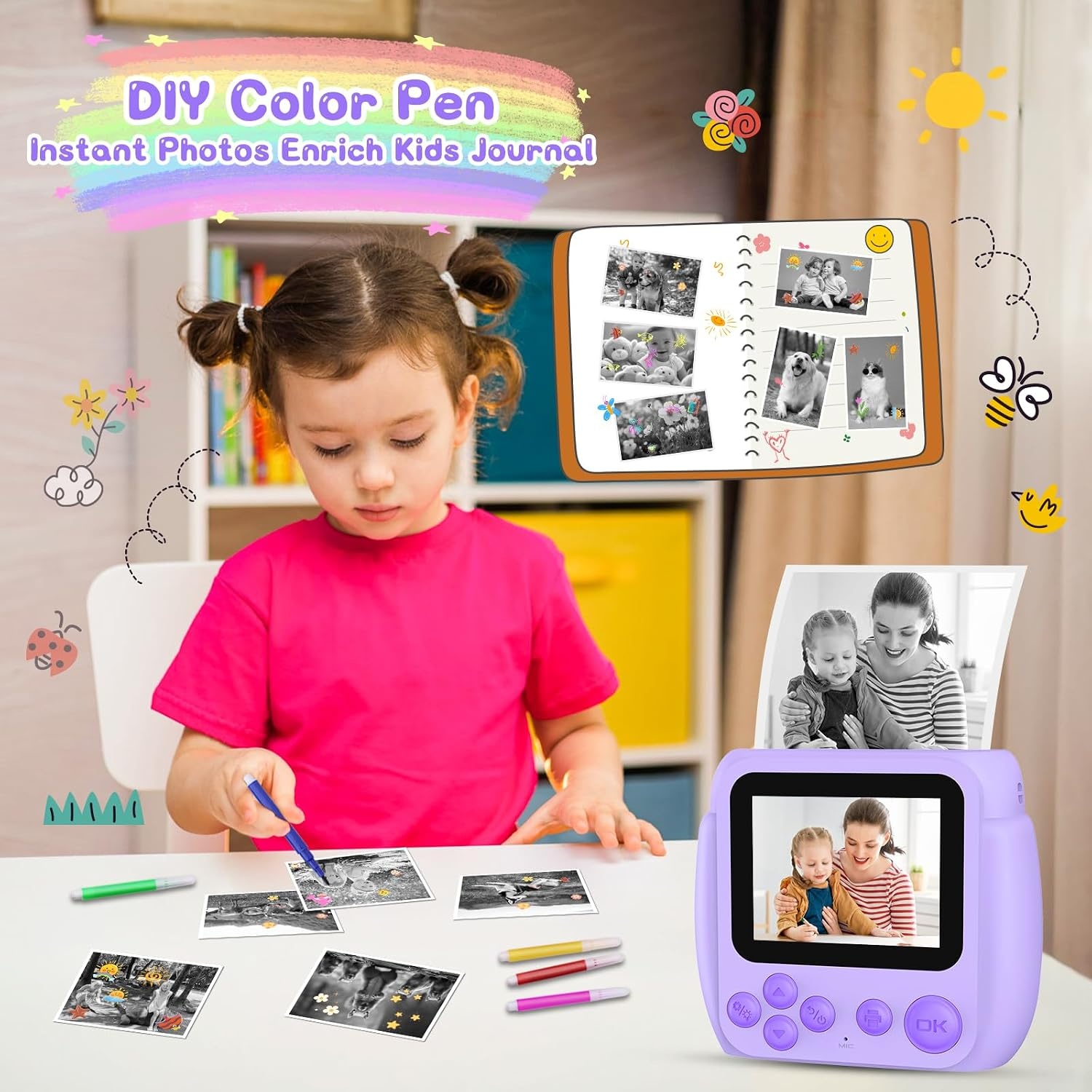 Kids Camera Instant Print, Birthday Gifts for Girls Boys with 3 Rolls Print Paper & 32GB Card, 48MP Toddler Digital Camera 1080P HD Video Toys Cameras for Kids 3-12, Purple