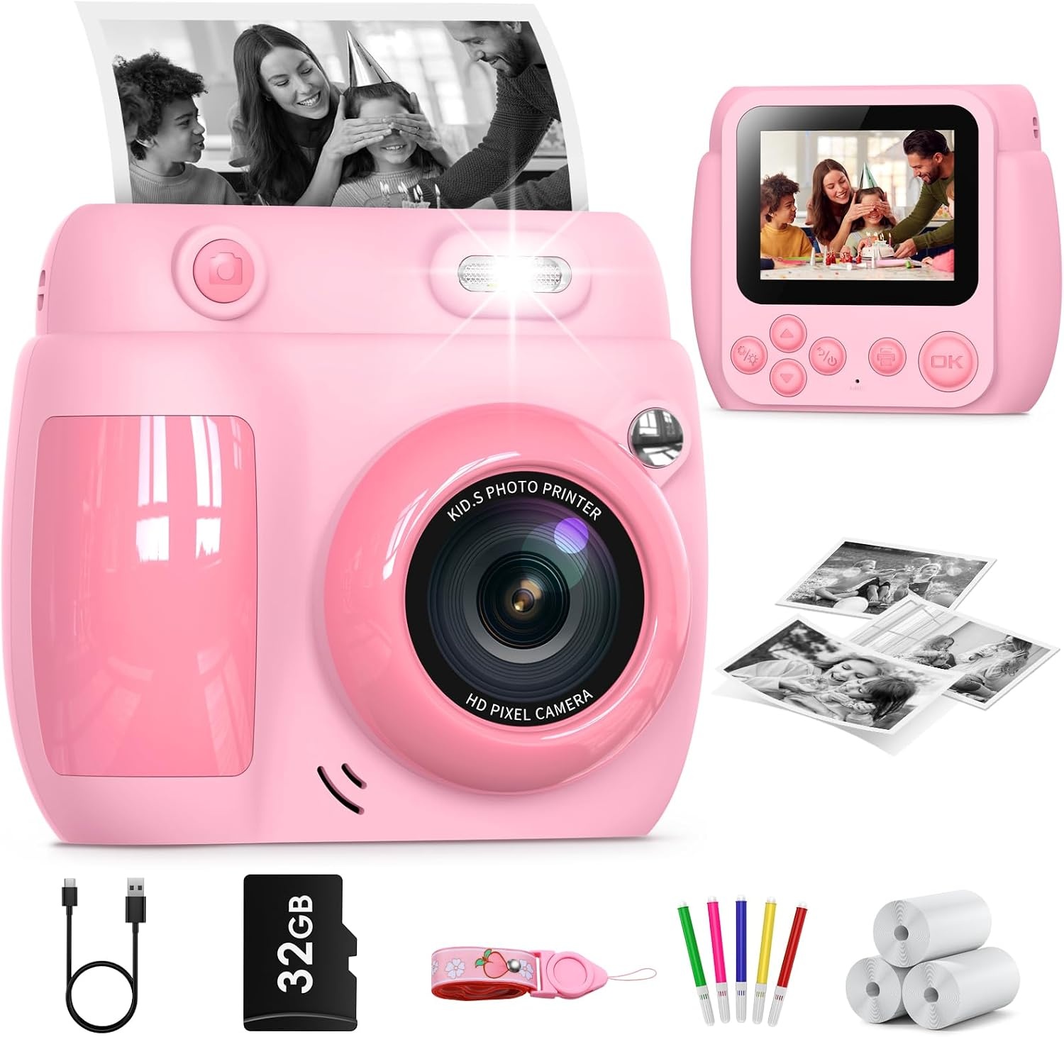 Kids Camera Instant Print, Birthday Gifts for Girls Boys with 3 Rolls Print Paper & 32GB Card, 48MP Toddler Digital Camera 1080P HD Video Toys Cameras for Kids 3-12, Purple