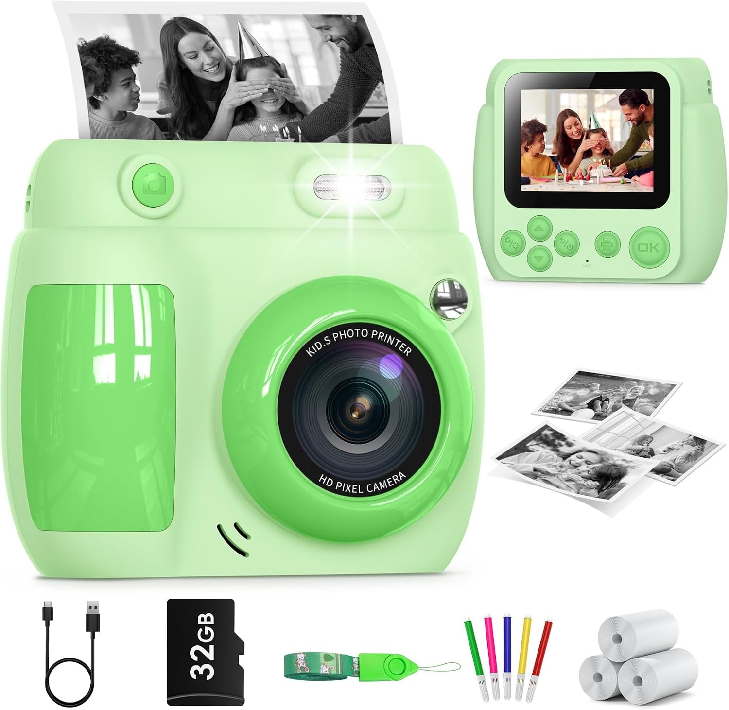 Kids Camera Instant Print, Birthday Gifts for Girls Boys with 3 Rolls Print Paper & 32GB Card, 48MP Toddler Digital Camera 1080P HD Video Toys Cameras for Kids 3-12, Purple