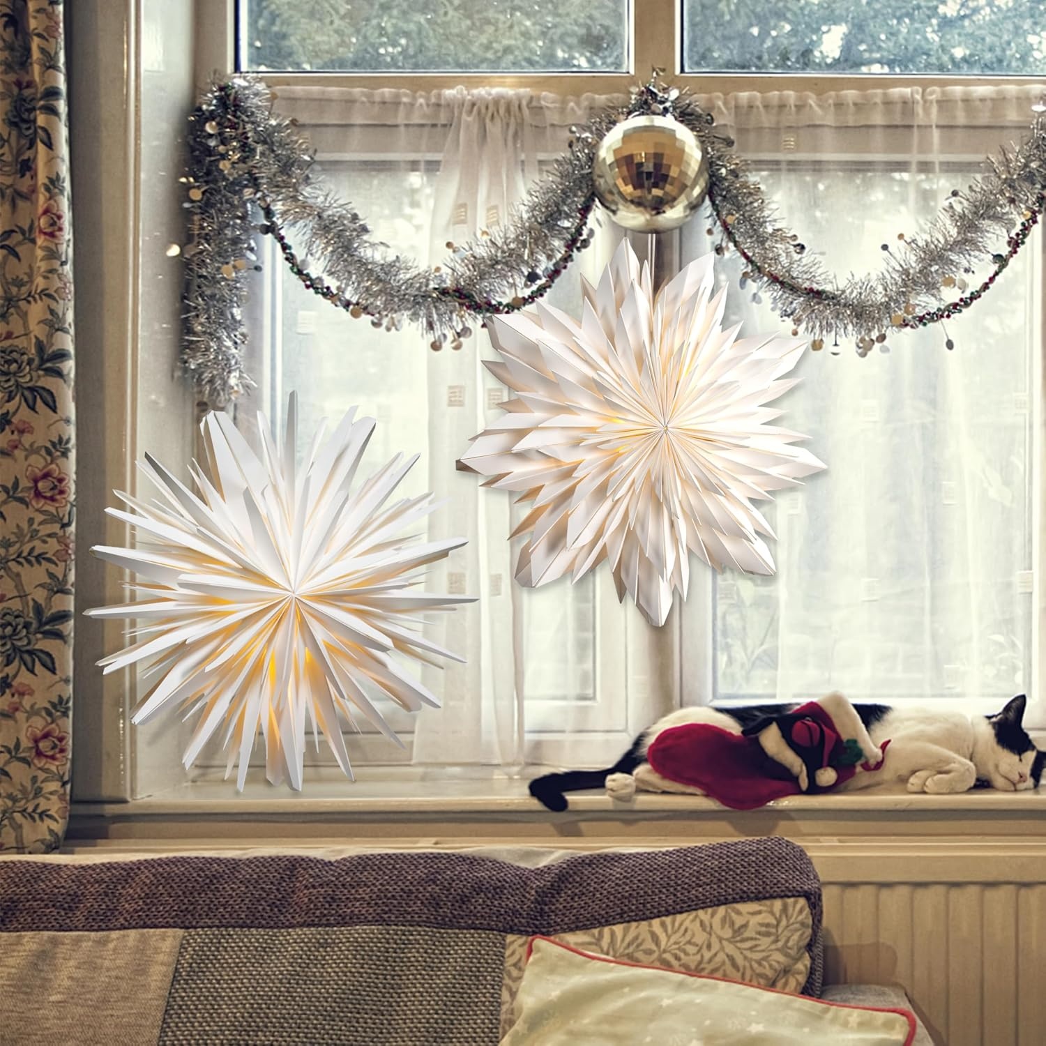 Kerstster verlicht LED, papieren ster om op te hangen, wit 45 cm, voor binnen raamdecoratie