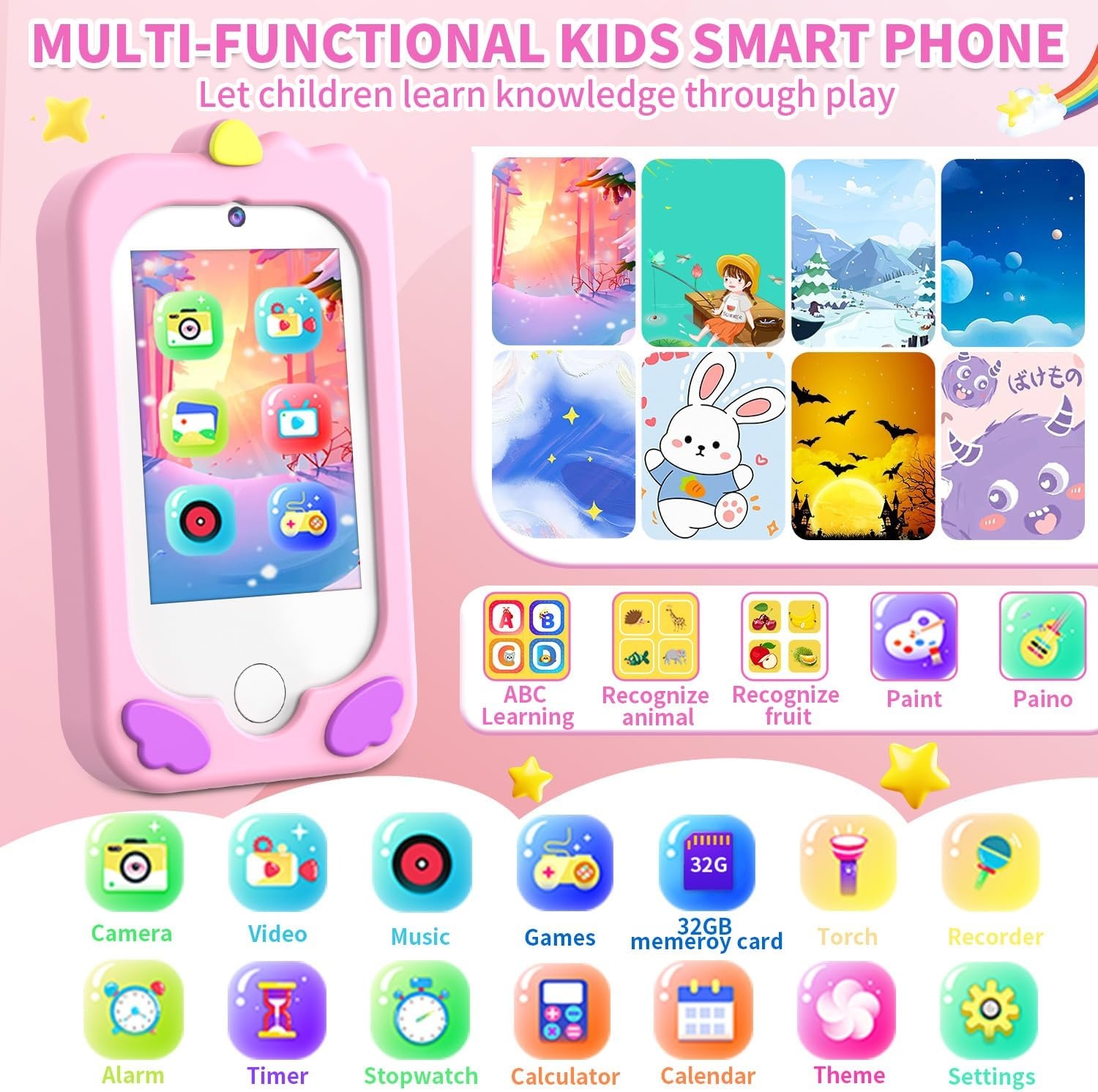 CHAKEYAKE Kindercamera in smartphone, touchscreen, selfie- en videofunctie, 32 GB kaart, MP3-speler, effecten en nog veel meer, cadeaus voor meisjes en jongens, 3, 4, 5, 6, 7, 8, 9, 10, 11, 12 jaar