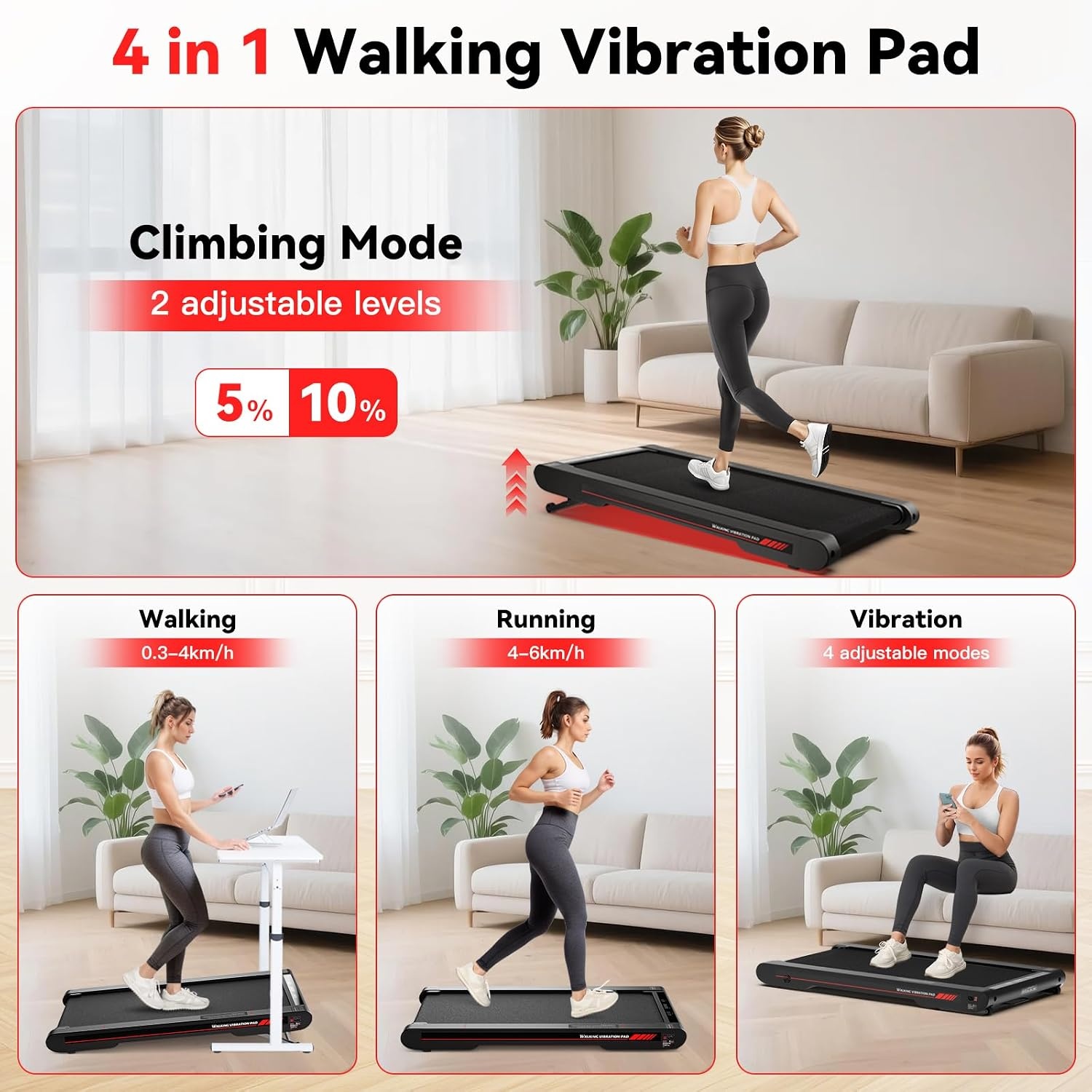 Sperax 4-in-1 walking vibratiepad, loopband voor thuis, trillingen, 0,3-6 km/u, voor thuis en op kantoor, loopband voor thuis met app, 400 W, geen montage nodig