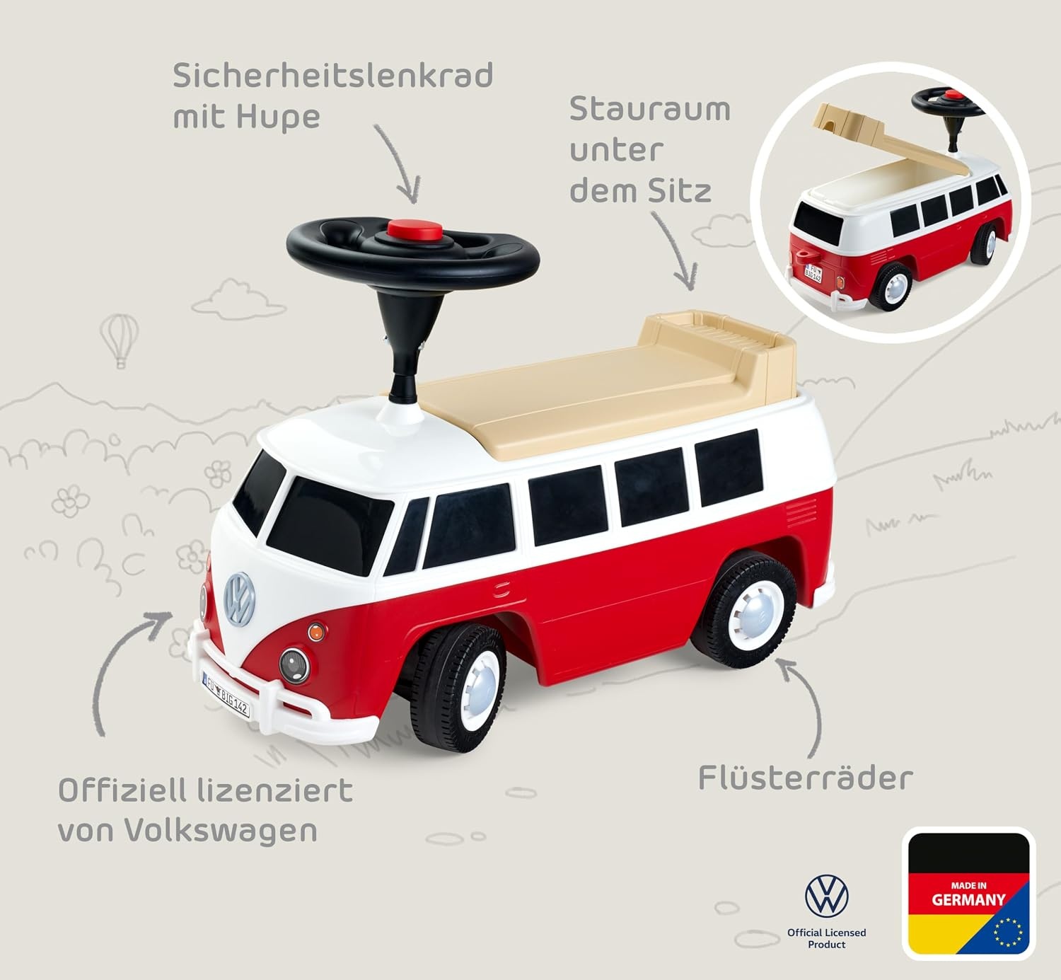 BIG Baby VW RIDE_ON_TOY (Red/White) - Children's Vehicle for Toddlers from 18 Months, Volkswagen T1, Slide Car with Whisper Tyres, Horn & Towing Hitch, Made in Germany