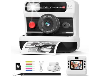 CalineGam Kids Camera Instant Print, 1080P HD Instant Print Camera voor kinderen met 32 GB-kaart en 3 rollen papier, kerst- en verjaardagscadeaus voor meisjes en jongens van 3-12 jaar