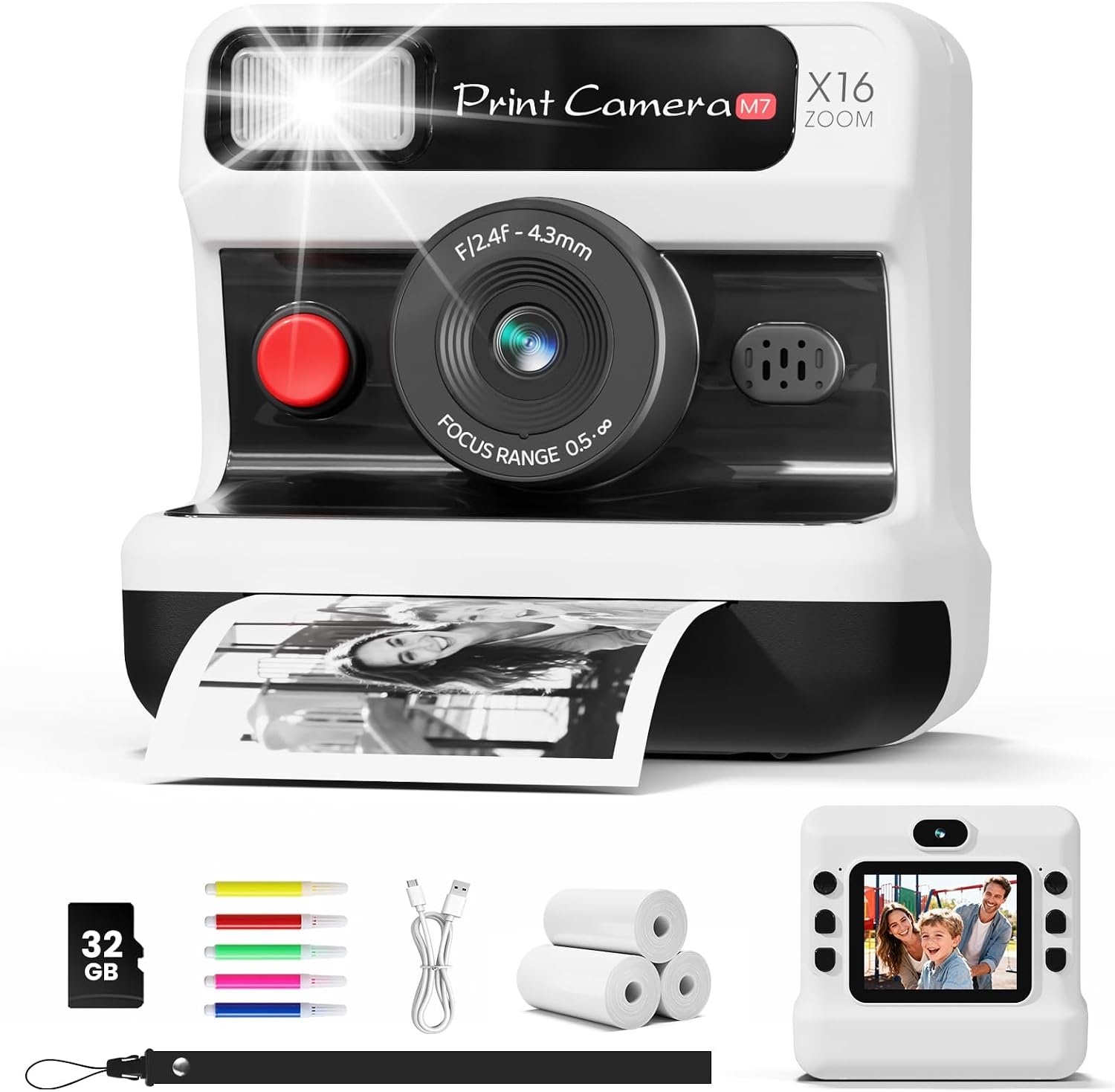 CalineGam Kids Camera Instant Print, 1080P HD Instant Print Camera voor kinderen met 32 GB-kaart en 3 rollen papier, kerst- en verjaardagscadeaus voor meisjes en jongens van 3-12 jaar