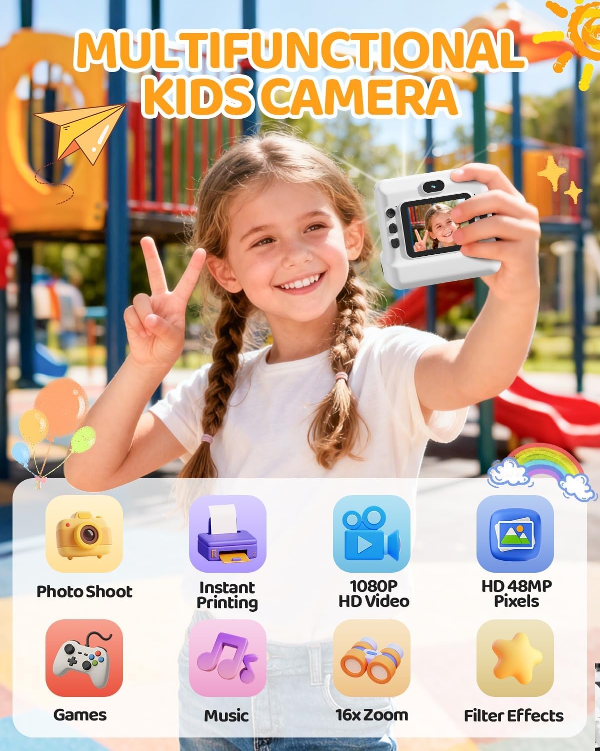 CalineGam Kids Camera Instant Print, 1080P HD Instant Print Camera voor kinderen met 32 GB-kaart en 3 rollen papier, kerst- en verjaardagscadeaus voor meisjes en jongens van 3-12 jaar