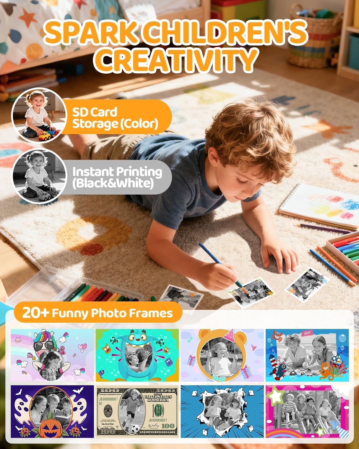 CalineGam Kids Camera Instant Print, 1080P HD Instant Print Camera voor kinderen met 32 GB-kaart en 3 rollen papier, kerst- en verjaardagscadeaus voor meisjes en jongens van 3-12 jaar
