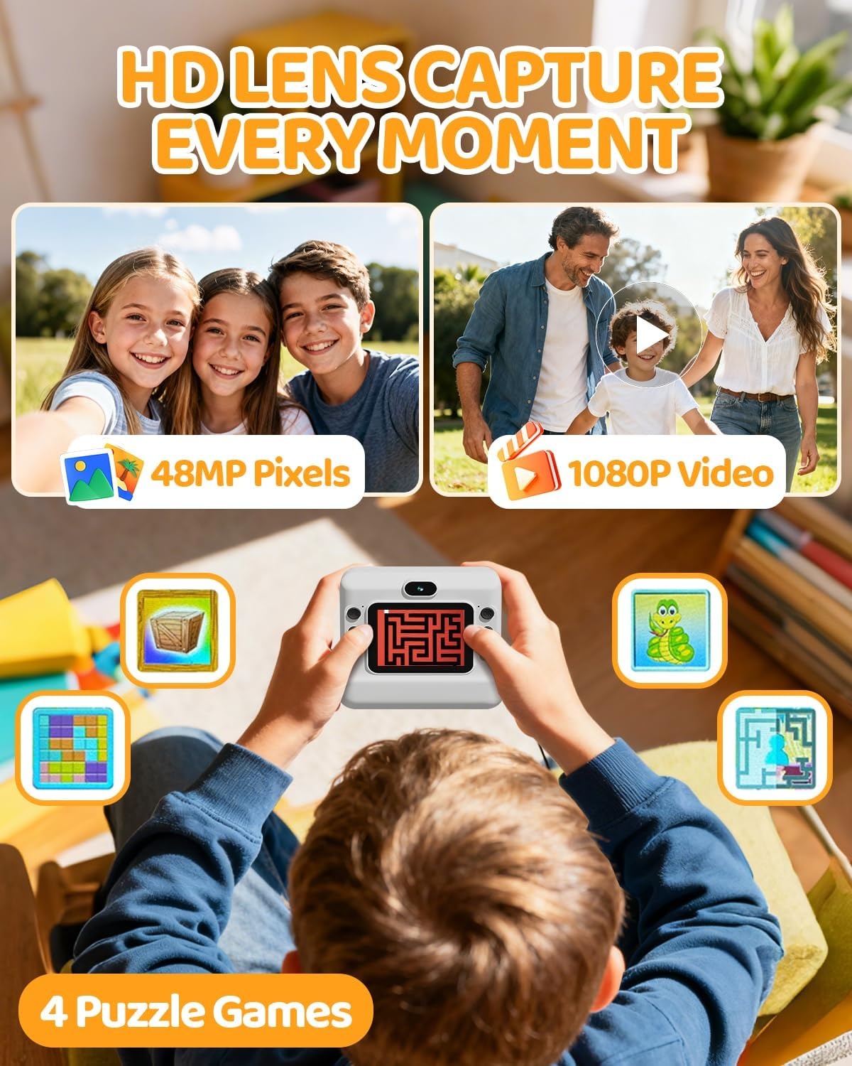 CalineGam Kids Camera Instant Print, 1080P HD Instant Print Camera voor kinderen met 32 GB-kaart en 3 rollen papier, kerst- en verjaardagscadeaus voor meisjes en jongens van 3-12 jaar