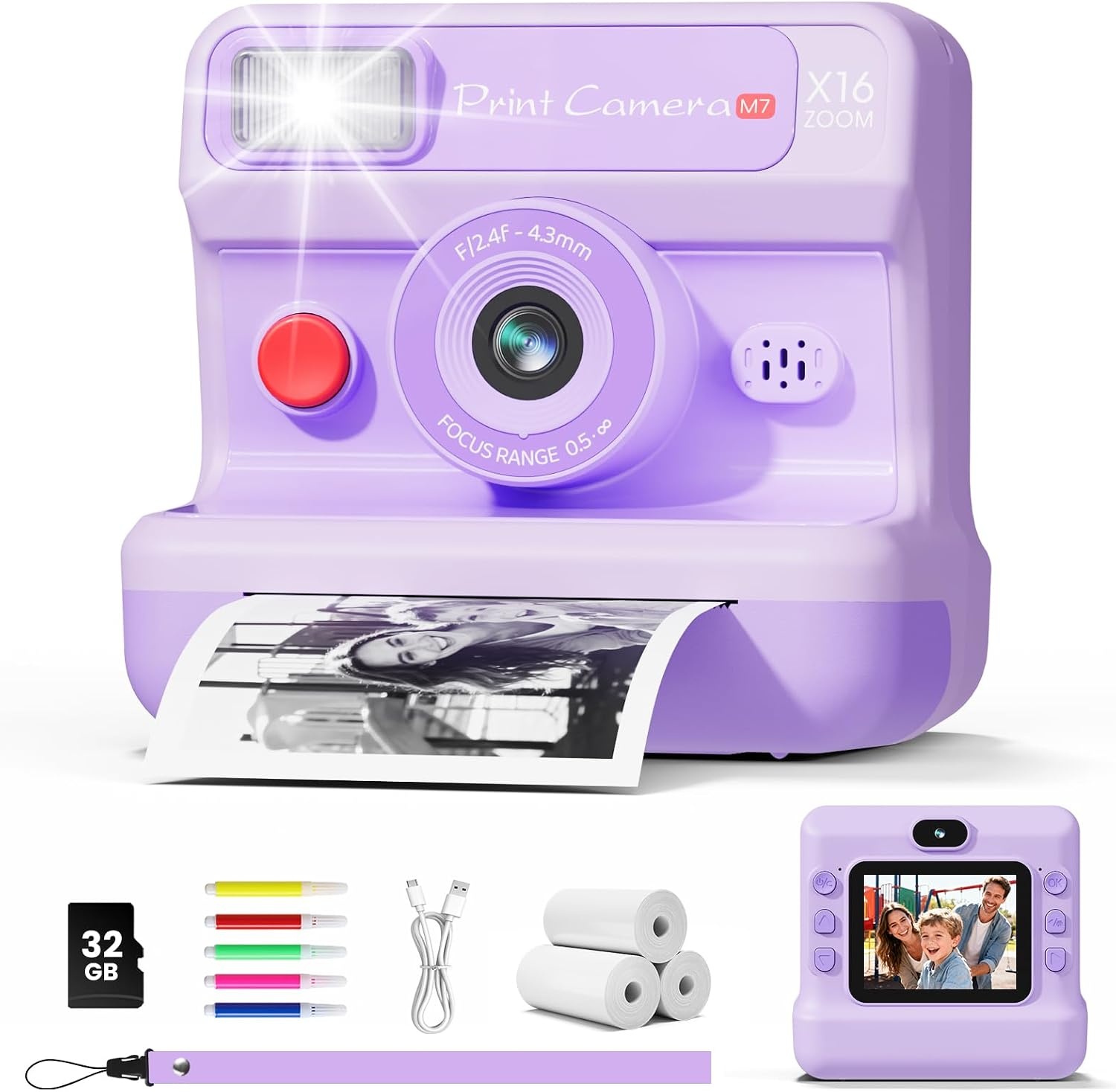 CalineGam Kids Camera Instant Print, 1080P HD Instant Print Camera voor kinderen met 32 GB-kaart en 3 rollen papier, kerst- en verjaardagscadeaus voor meisjes en jongens van 3-12 jaar