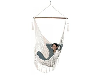 Braziliaanse hangmat schommelstoel Wit | Max. 120 kg | 110x116 cm | 100% Katoen | Stevige houten stok