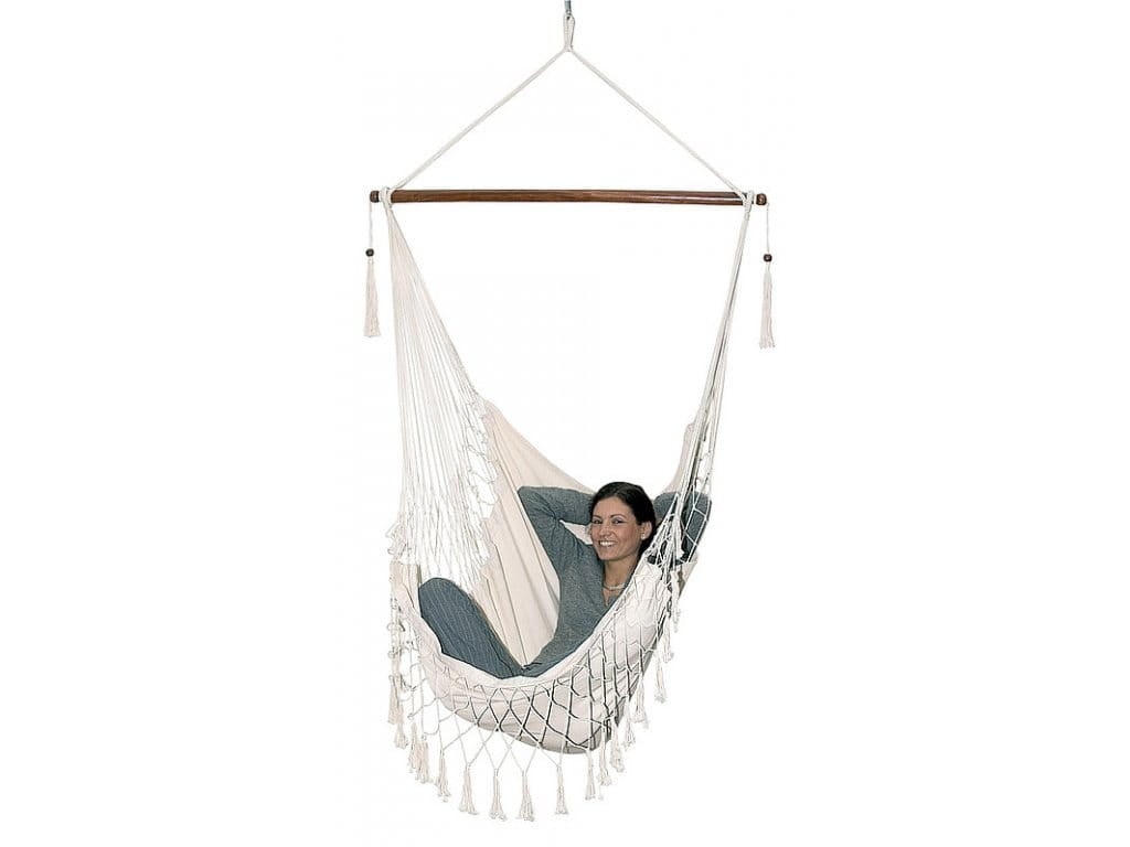 Braziliaanse hangmat schommelstoel Wit | Max. 120 kg | 110x116 cm | 100% Katoen | Stevige houten stok