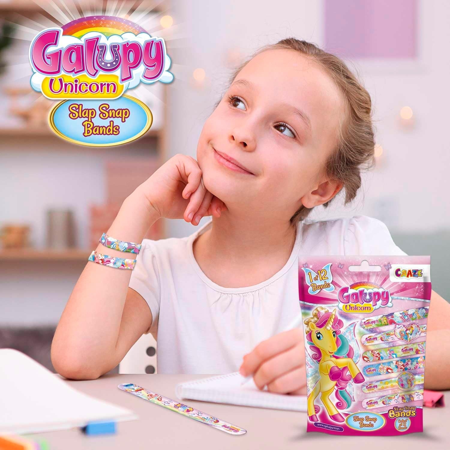 Craze Slap Snap Band, verzamelarmband voor kinderen, met Galupy eenhoorn-designs, 12 modellen om te verzamelen, 16 cm, Siliconen, Geen edelsteen