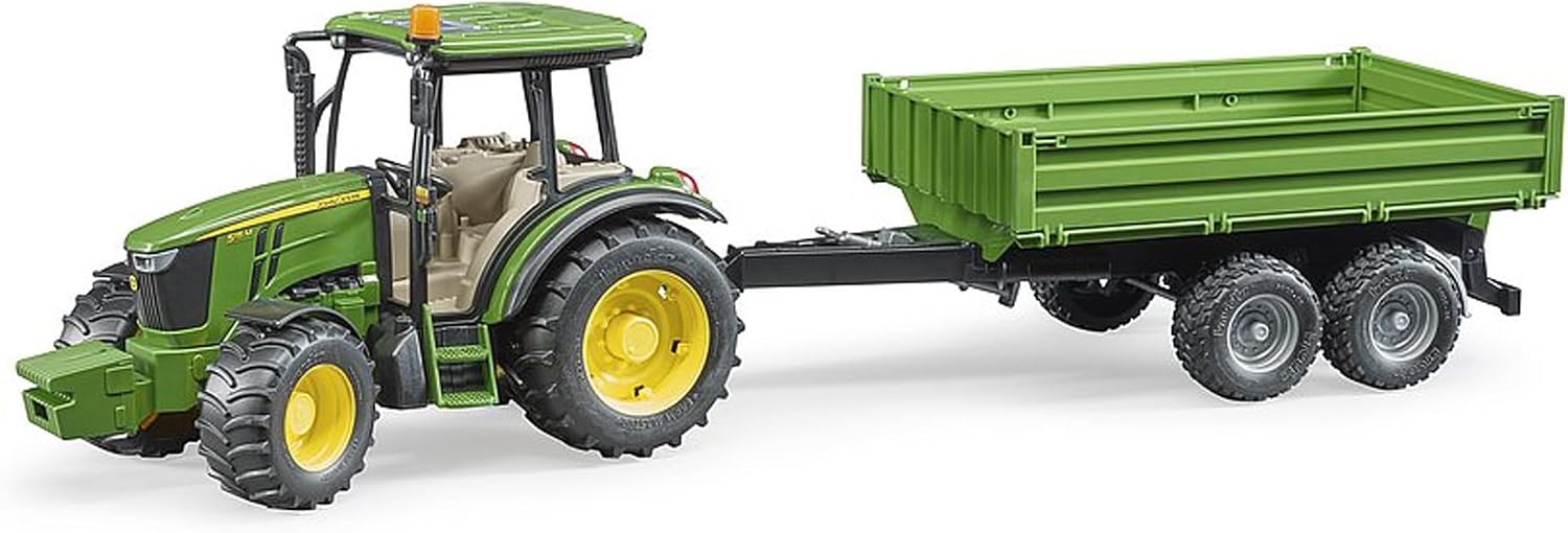 bruder 02108 - John Deere 5115 M met aanhangwagen met opbouw | Tractor met aanhanger voor de boerderij, landbouw, speelgoed vanaf 3 jaar, schaal 1:16