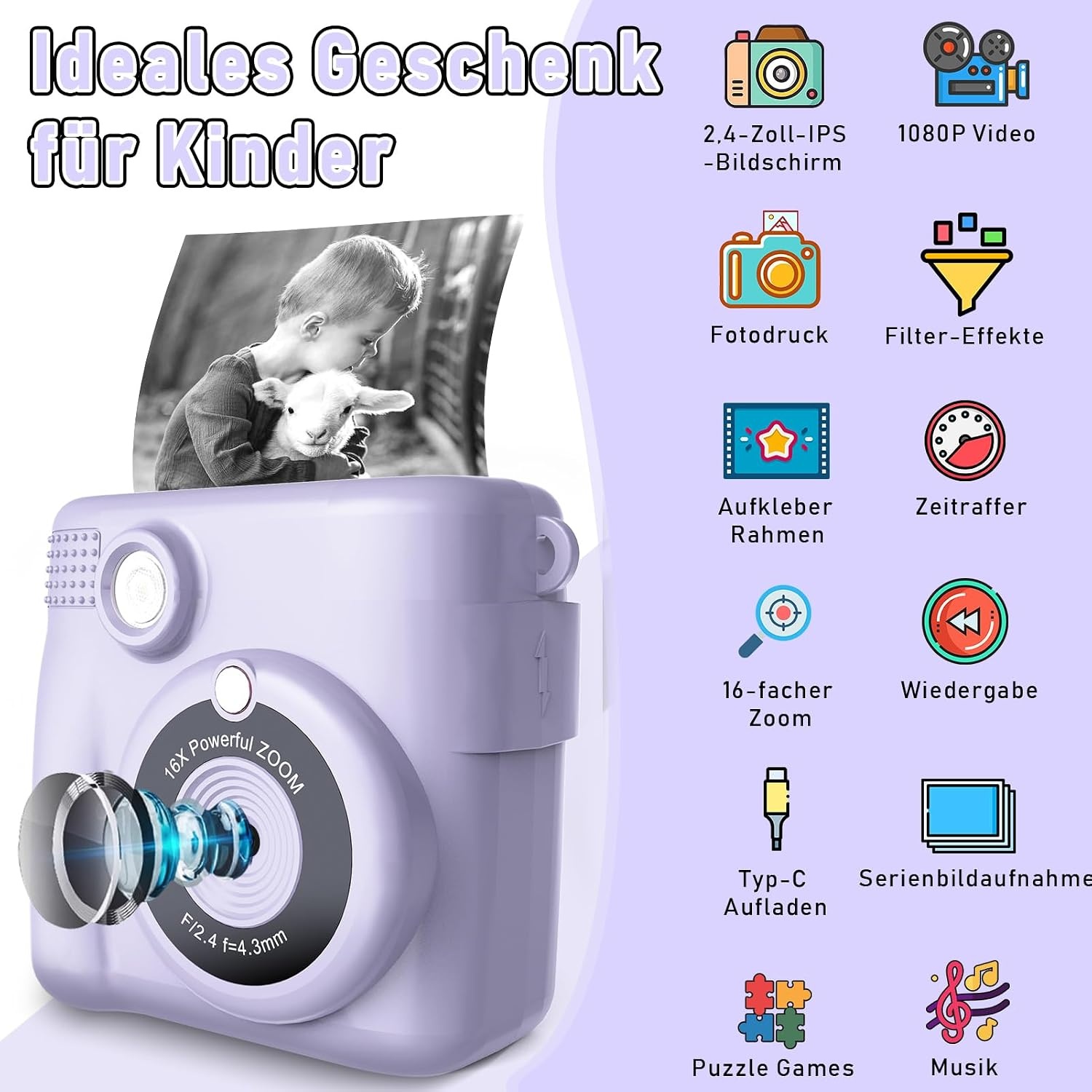 Lila Digitale Kinder Sofortbildcamera met Directe Printfunctie (3-12 jaar) - 29% Korting