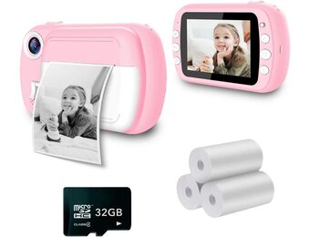 i-Paint P9 Instant Camera voor kinderen, printen B/N op thermisch papier, 1080P digitale camera FHD, LCD 3,5 inch, Micro SD 32 GB, kleur roze