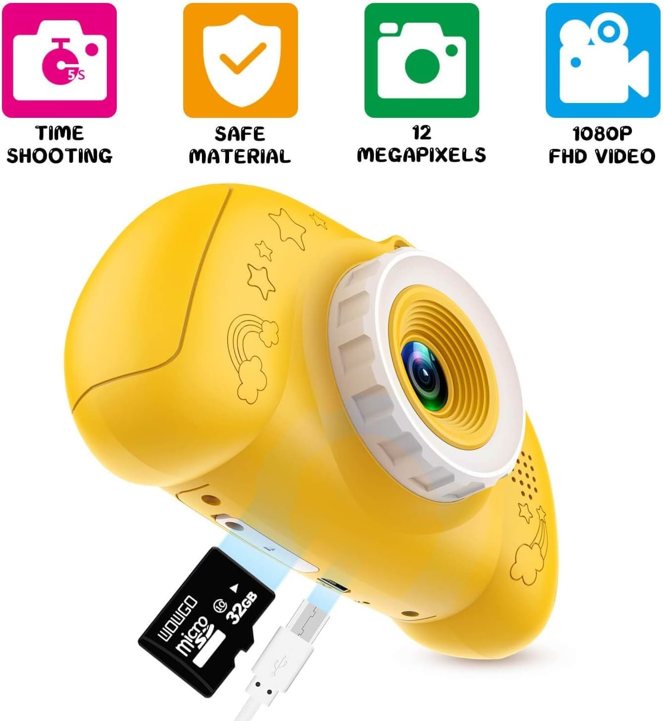 Çocuk Dijital Kamera, USB Şarj Edilebilir Selfie Video Kamera 2,4 inç Ekranlı, 12 MP 1080P HD 32GB TF Kartı, 3-10 Yaş Kız Çocuk Oyuncakları için Hediye