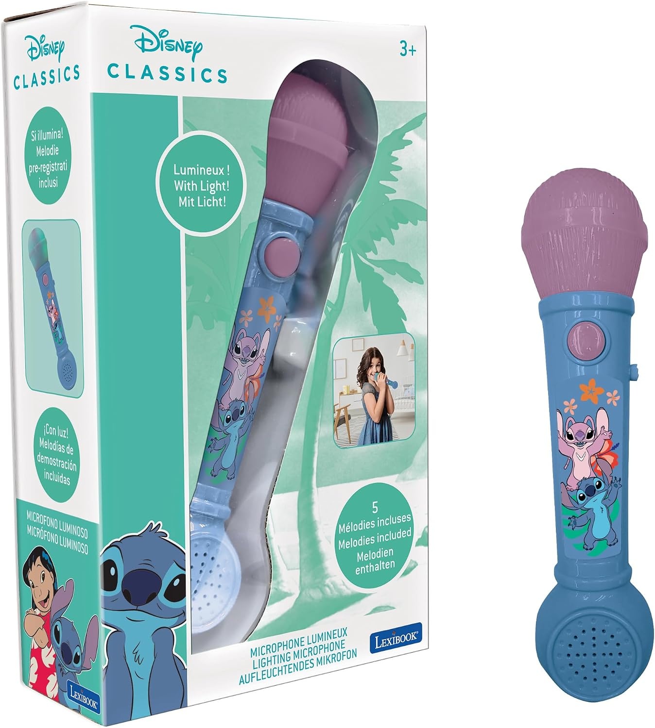 Lexibook, Disney Stitch, Verlicht Microfoon voor kinderen, muzikaal speelgoed, ingebouwde luidspreker, lichteffecten, demomelodieën inbegrepen, Blauw, MIC80D | Geïntegreerde luidspreker, lichteffecten, demomelodieën