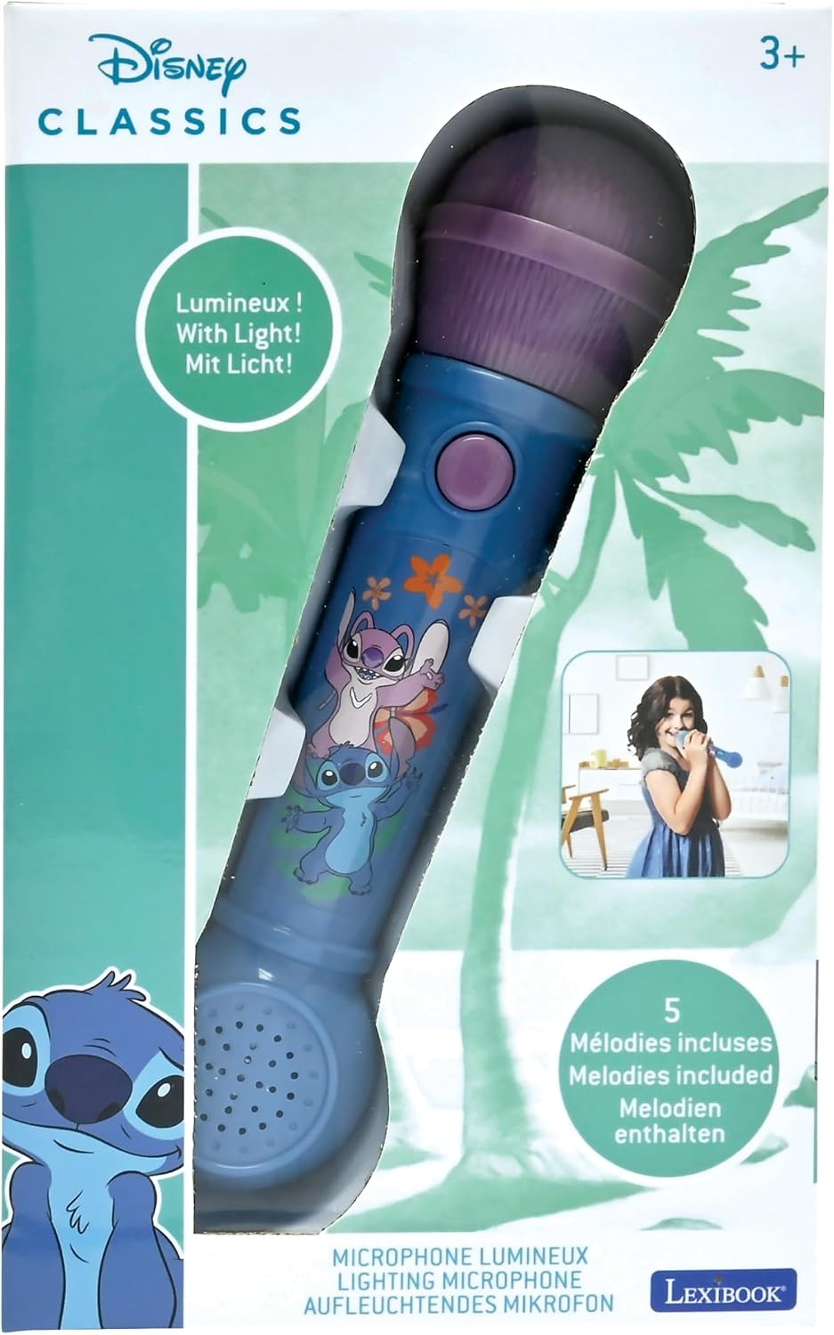 Lexibook, Disney Stitch, Verlicht Microfoon voor kinderen, muzikaal speelgoed, ingebouwde luidspreker, lichteffecten, demomelodieën inbegrepen, Blauw, MIC80D | Geïntegreerde luidspreker, lichteffecten, demomelodieën