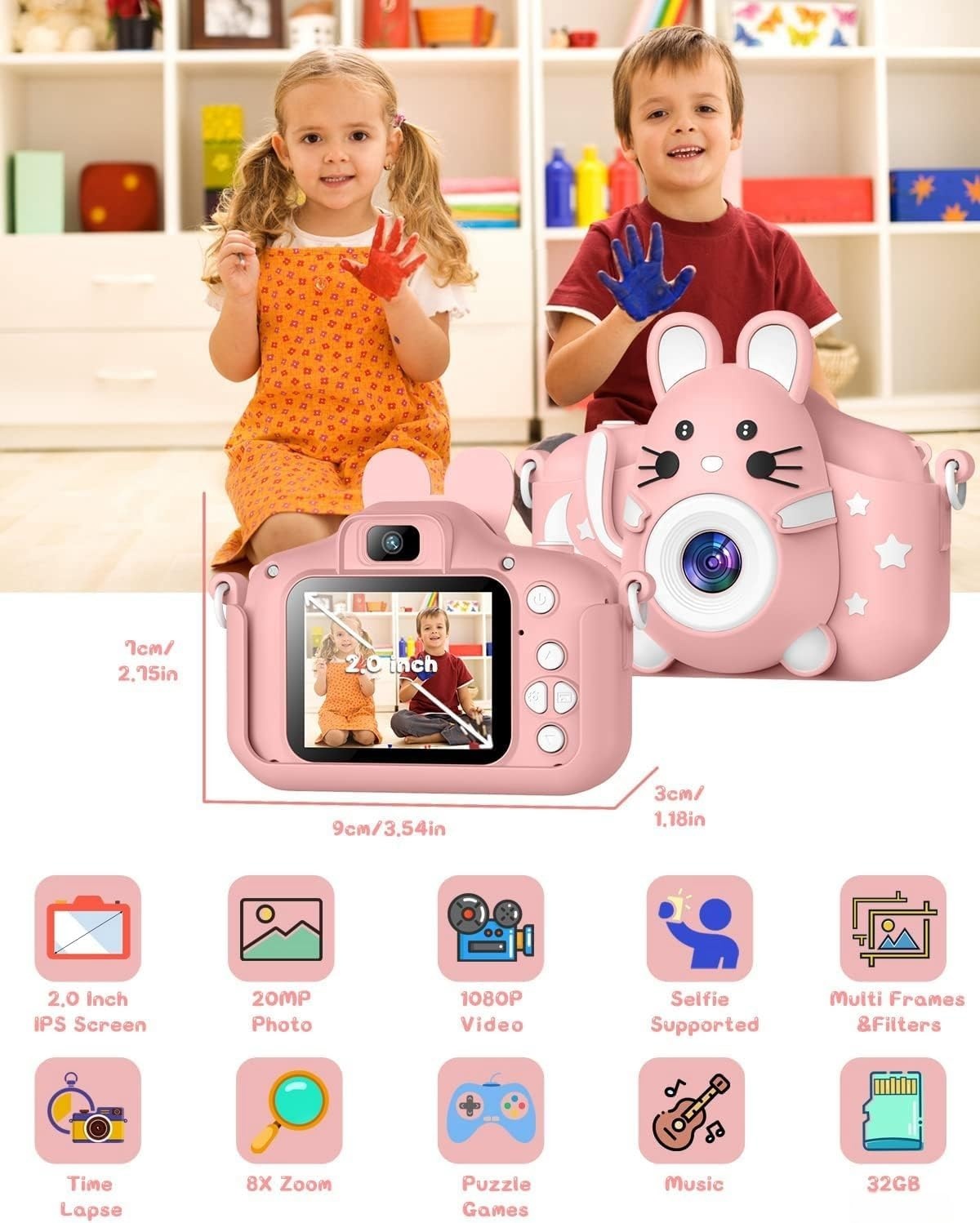 Gofunly Kinderen Digitale Camera Roze - 20MP 1080P HD - Inclusief 32GB SD Kaart - 2 Inch Scherm