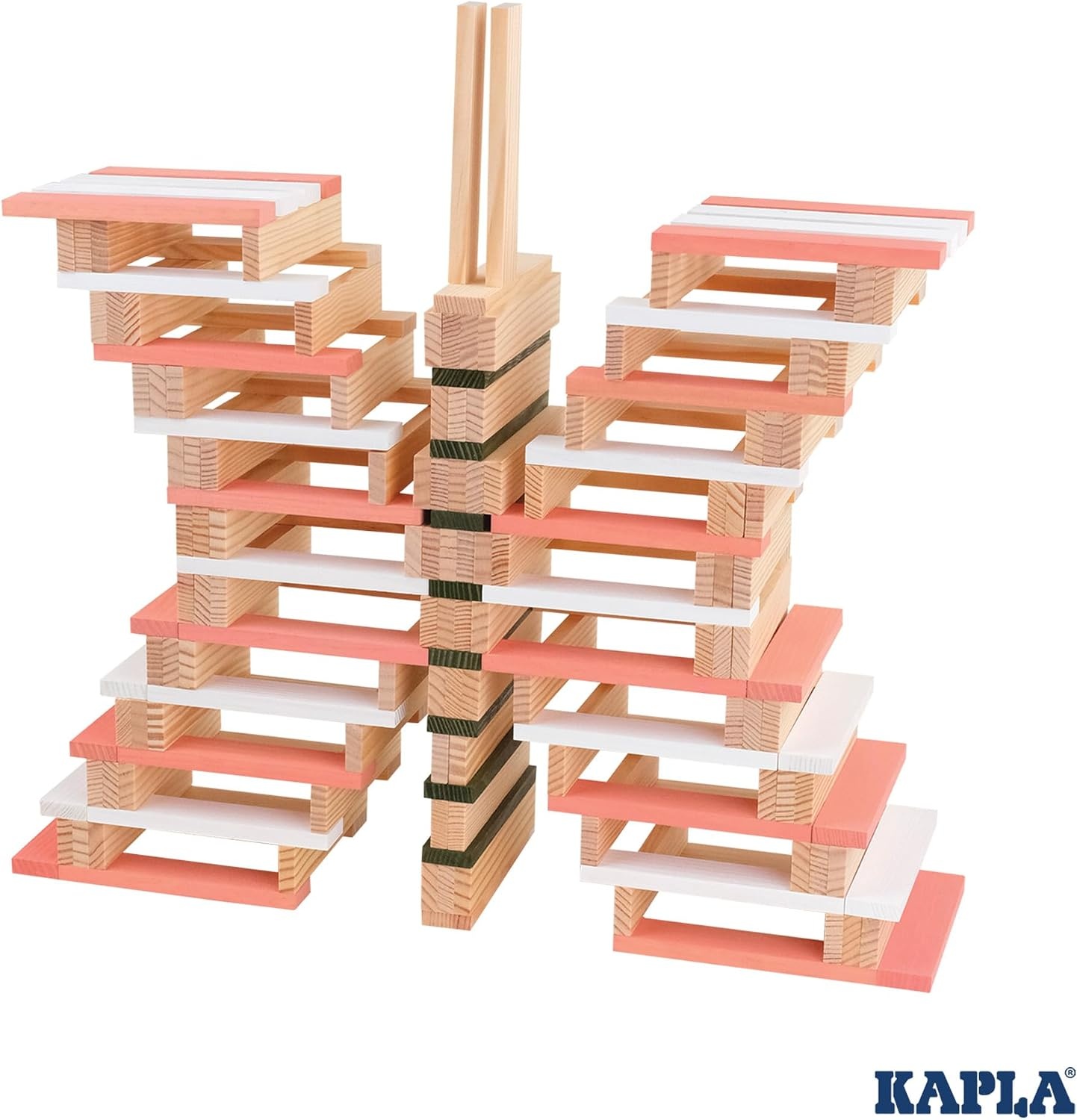 KAPLA SPRING Vat 200 gekleurde planken (groen, roze en wit), houten speelgoed, constructieset, vanaf 2 jaar