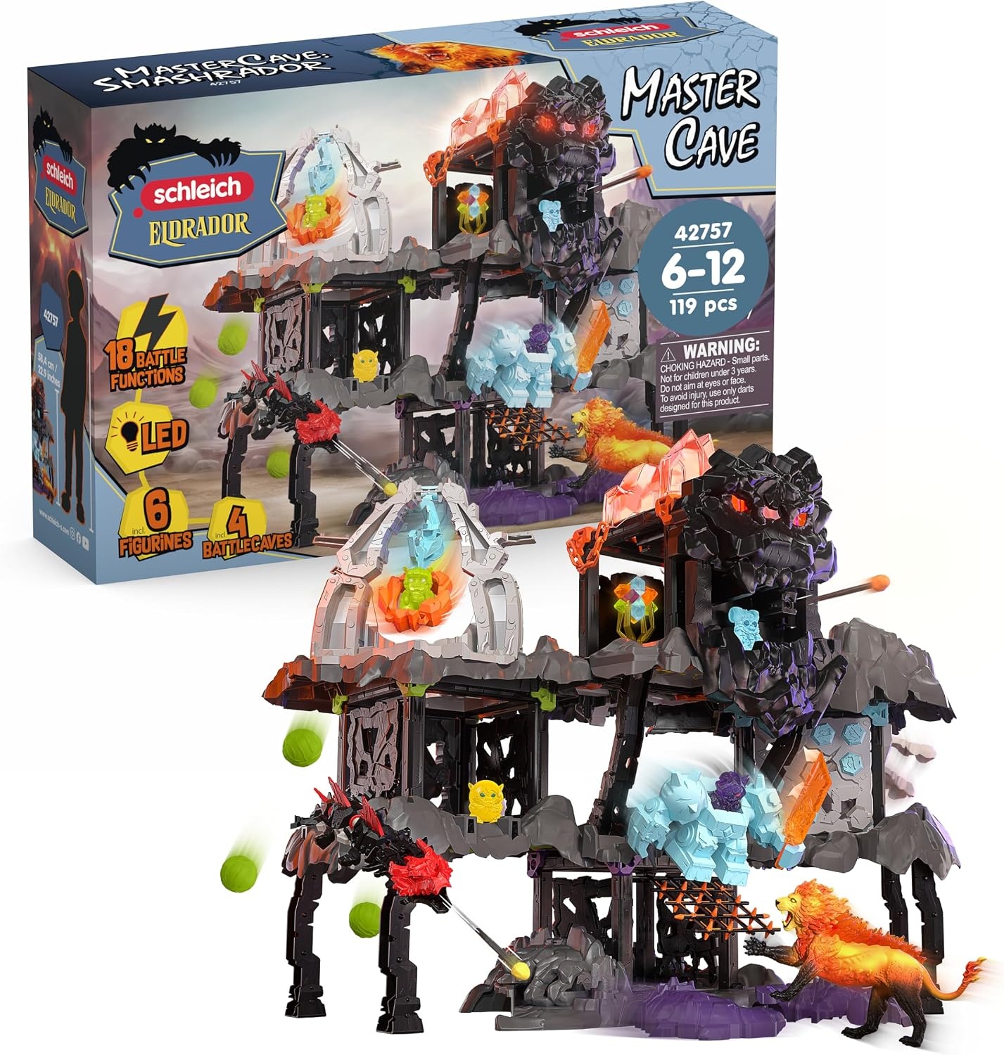 schleich ELDRADOR | MasterCave Smashrador 42757 | vanaf 6 jaar | 119 delen | Set met 4 BattleCave, 4 mini, robot, lavaleeuw en super kristal, vele functies en accessoires