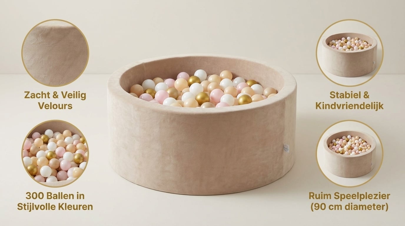 Ballenbak - velvet beige - 90x40 cm - 300 ballen - wit, baby roze, beige, goud