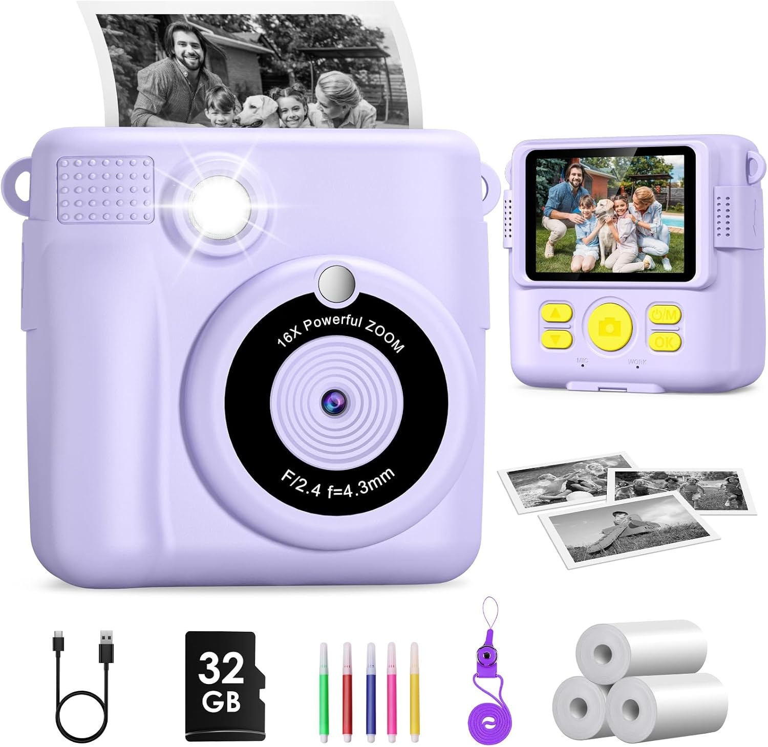 GREENKINDER Kids Instant Print Camera, 2.4'' HD Kids Digital Camera with 32GB Card & 3 Rolls Print Paper, Birthday Toys Gifts for Boys & Girls Age 3-12