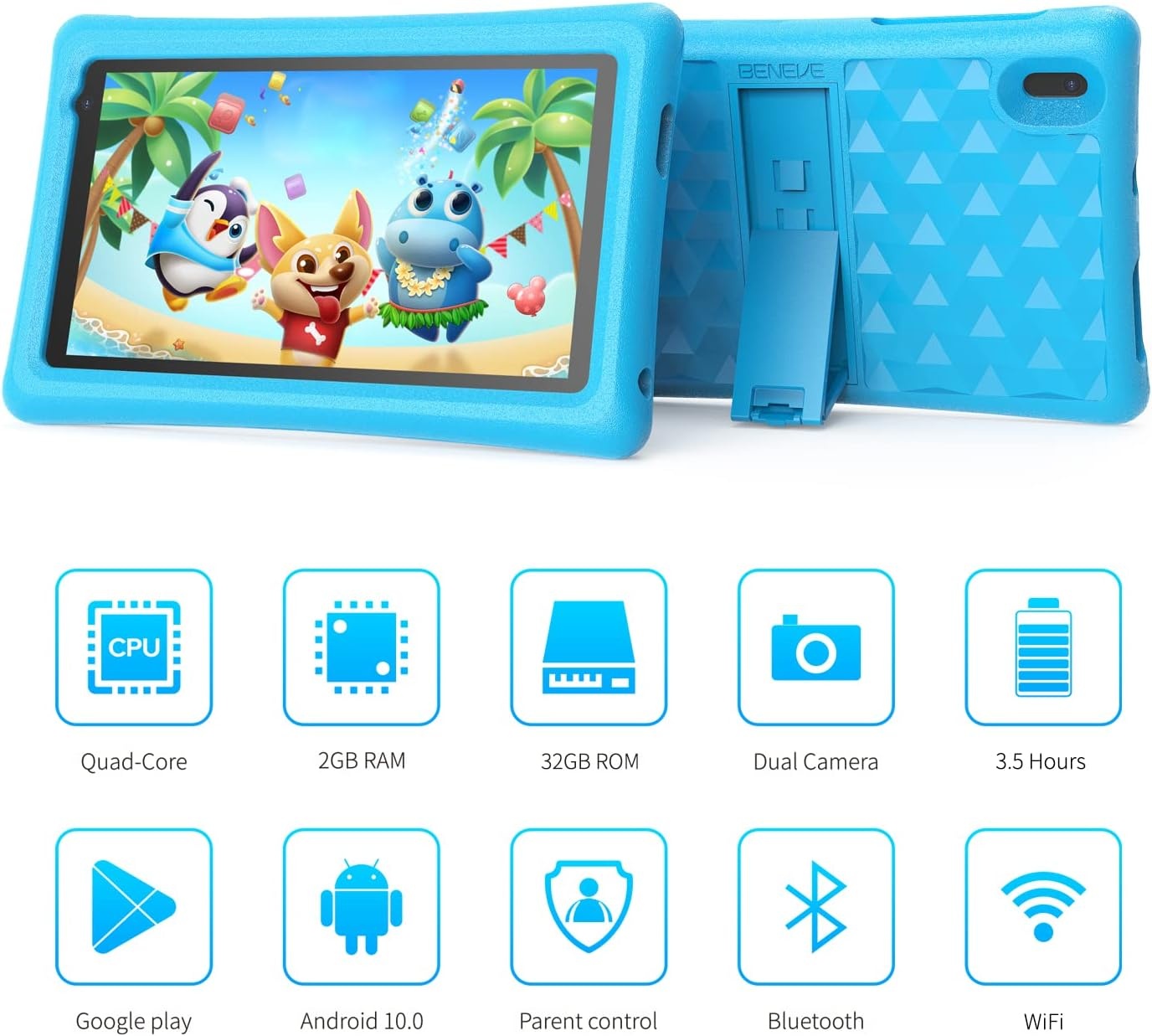 7 Inch Tablet HD Display Android Tablet for Children Toddlers, Kids Edition, with WiFi Dual Camera, 2GB + 32GB Parental Lock, Google Play Store (Blue)