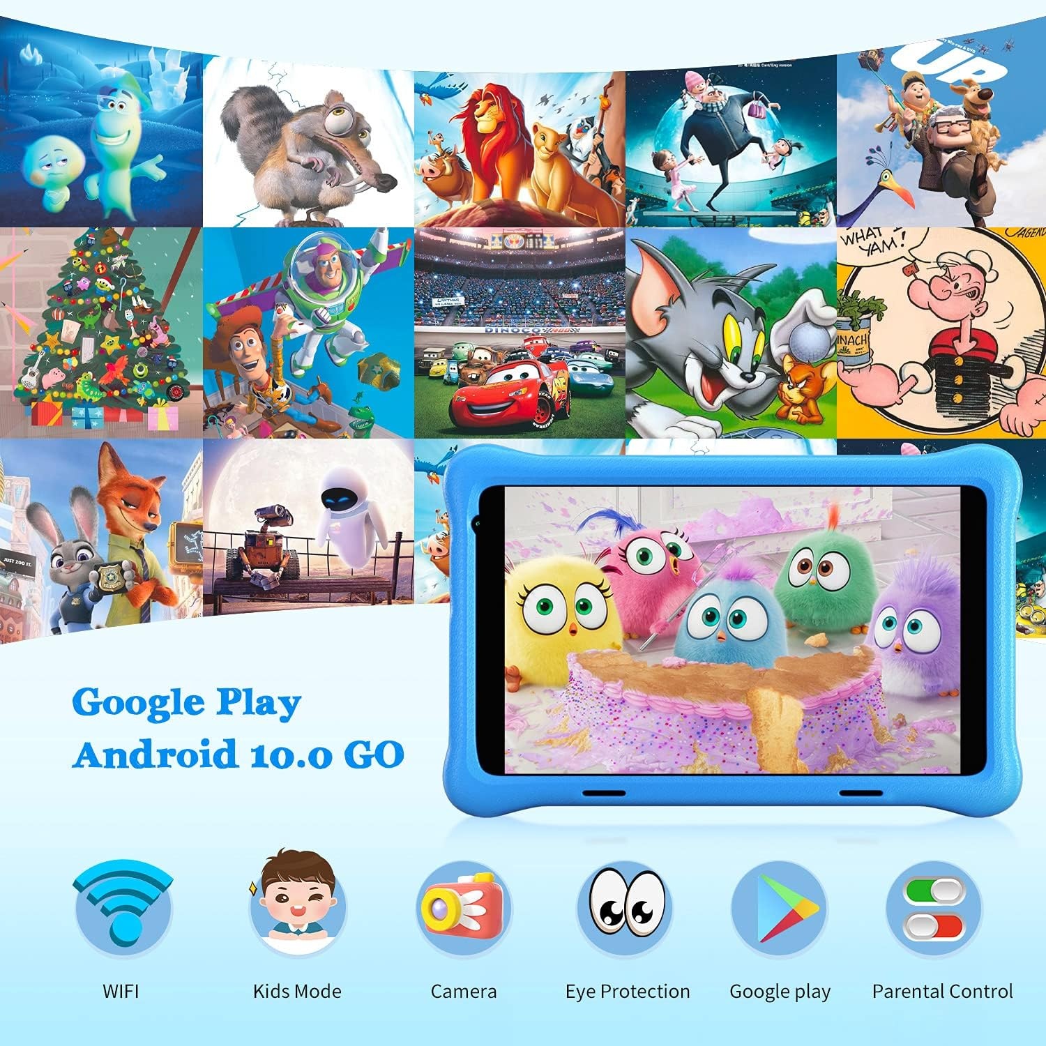 8 inch Kids Tablet, IPS HD Display, Android 10, 2GB RAM, 32GB Storage, WiFi, Bluetooth, Dual Camera, Games, Parental Control, Kidoz Installed, with Blue Kids-Tablet Case