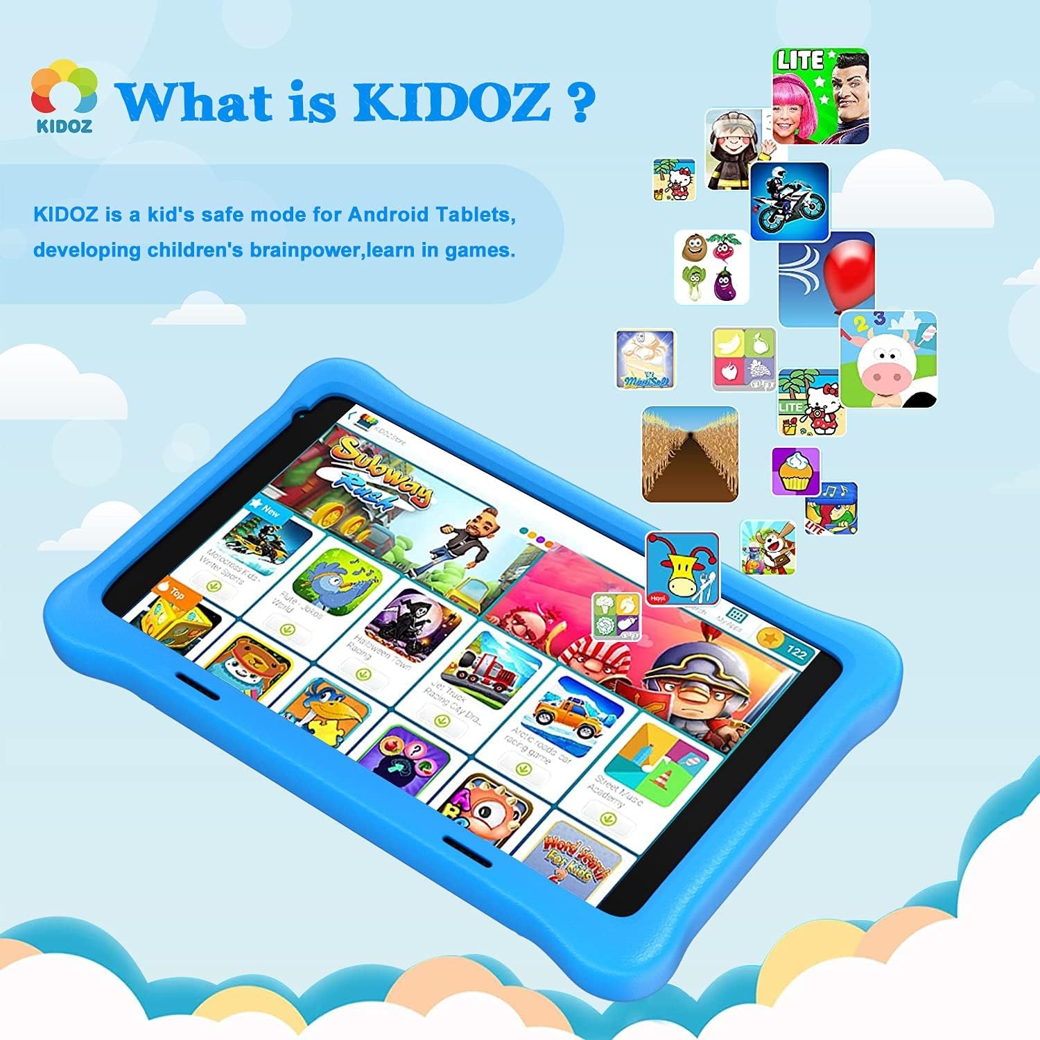 8 inch Kids Tablet, IPS HD Display, Android 10, 2GB RAM, 32GB Storage, WiFi, Bluetooth, Dual Camera, Games, Parental Control, Kidoz Installed, with Blue Kids-Tablet Case