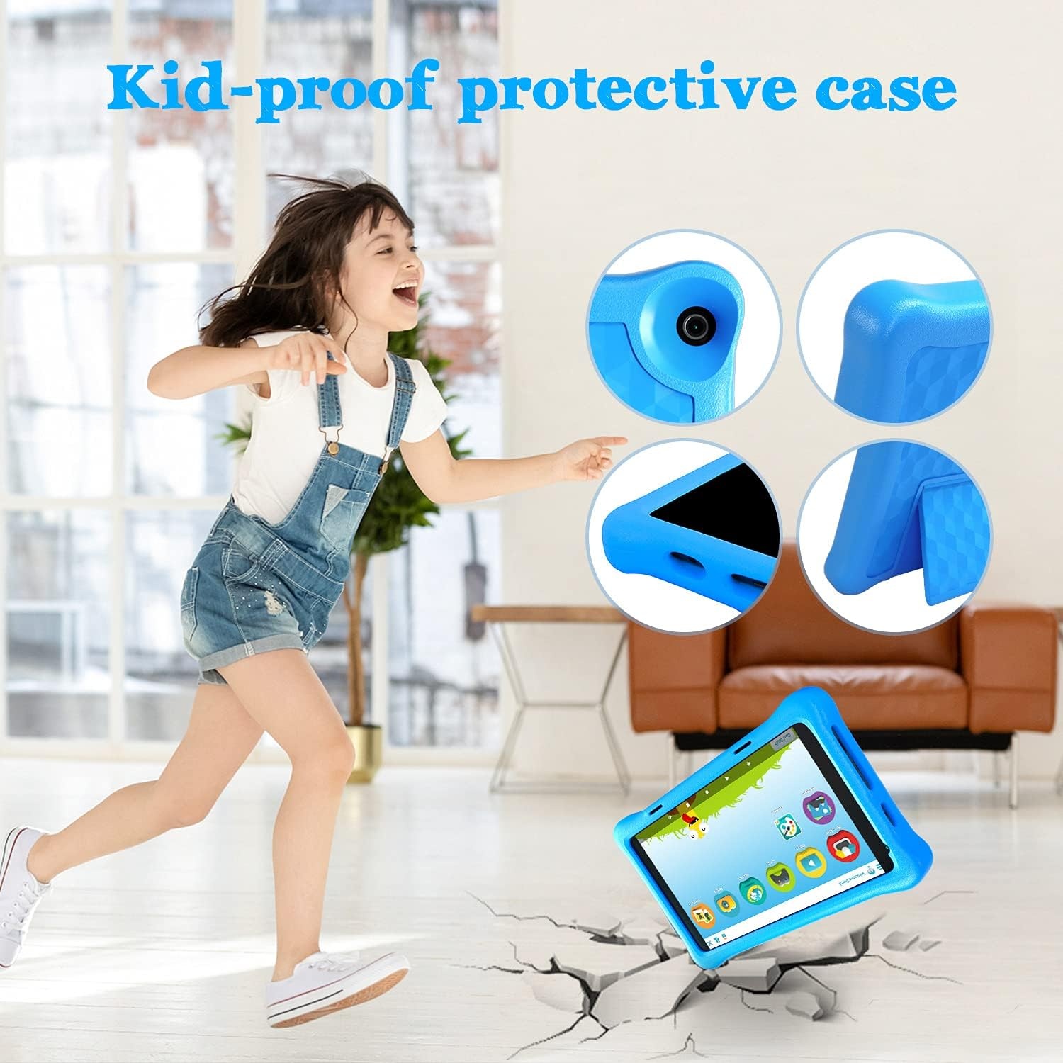 8 inch Kids Tablet, IPS HD Display, Android 10, 2GB RAM, 32GB Storage, WiFi, Bluetooth, Dual Camera, Games, Parental Control, Kidoz Installed, with Blue Kids-Tablet Case