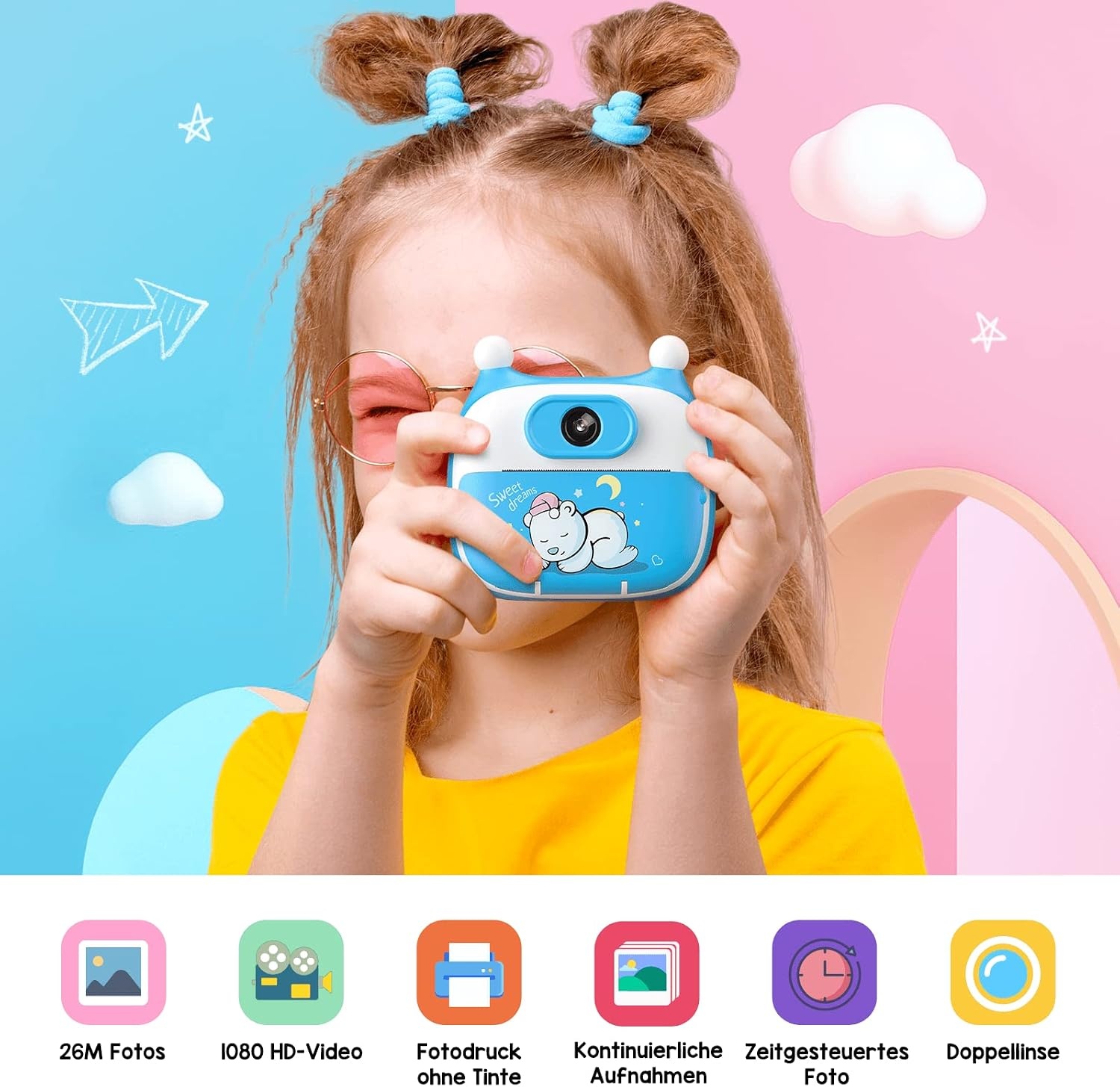 Instant Print Camera for Kids, 1080P Video 26MP Digital Selfie Camera with Dual Lens,16G SD Card,Paper Film,Color Pens Kids Camcorder for 3-12 Years Old Girls Boys Toy Birthday Gifts Blue