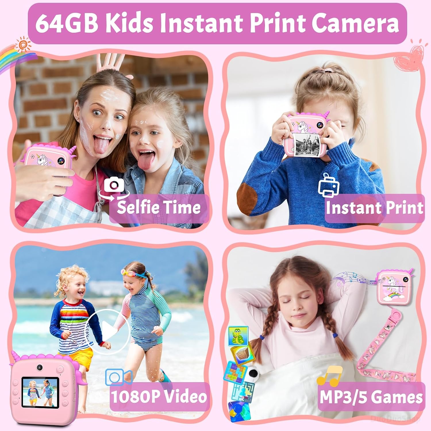 DuoDuoSnap Roze Kinder Camera met Directe Print en 64GB Geheugen