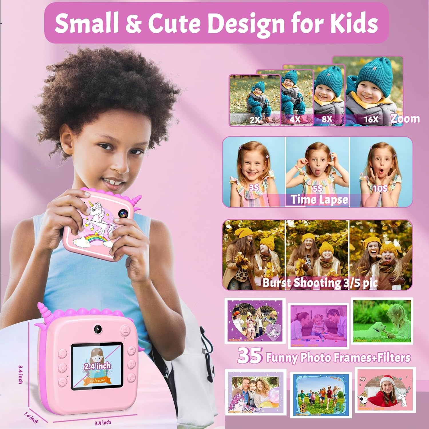 DuoDuoSnap Roze Kinder Camera met Directe Print en 64GB Geheugen