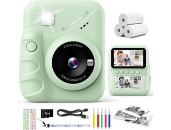 CalineGam Kindercamera Direct Printen, 3.0'' HD Scherm 48MP Fotocamera voor Kinderen met 32GB Kaart & Printpapier, 1080P HD Digitale Camera, Ideaal Cadeau voor Jongens Meisjes 3-12 Jaar (Groen)