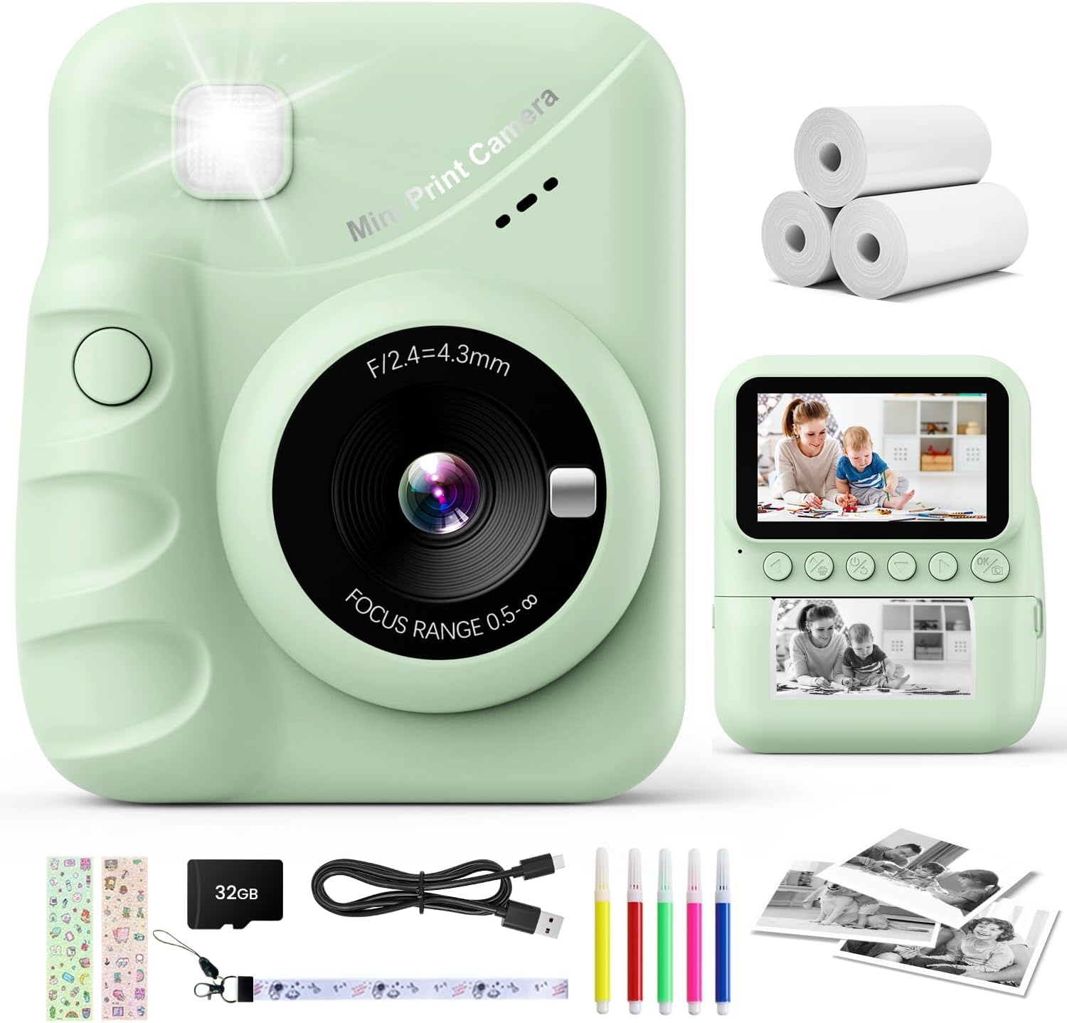 CalineGam Kindercamera Direct Printen, 3.0'' HD Scherm 48MP Fotocamera voor Kinderen met 32GB Kaart & Printpapier, 1080P HD Digitale Camera, Ideaal Cadeau voor Jongens Meisjes 3-12 Jaar (Groen)
