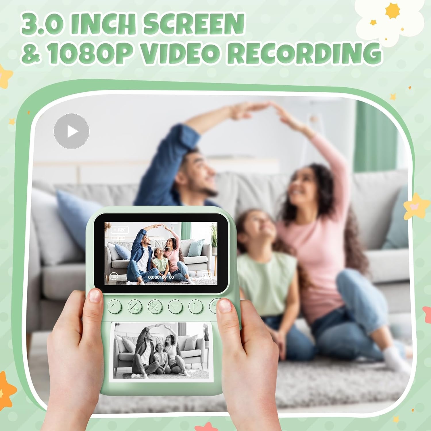 CalineGam Kindercamera Direct Printen, 3.0'' HD Scherm 48MP Fotocamera voor Kinderen met 32GB Kaart & Printpapier, 1080P HD Digitale Camera, Ideaal Cadeau voor Jongens Meisjes 3-12 Jaar (Groen)