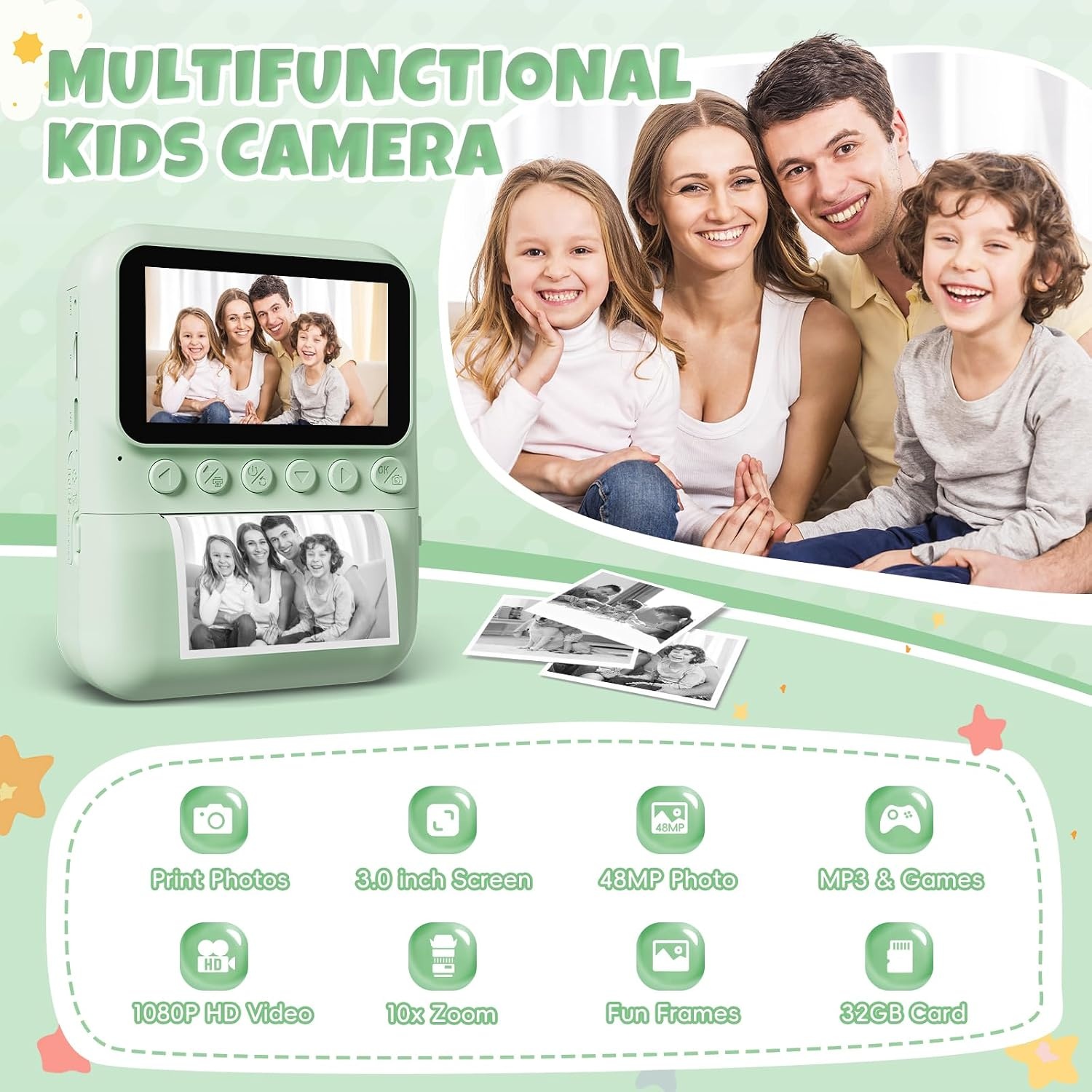 CalineGam Kindercamera Direct Printen, 3.0'' HD Scherm 48MP Fotocamera voor Kinderen met 32GB Kaart & Printpapier, 1080P HD Digitale Camera, Ideaal Cadeau voor Jongens Meisjes 3-12 Jaar (Groen)