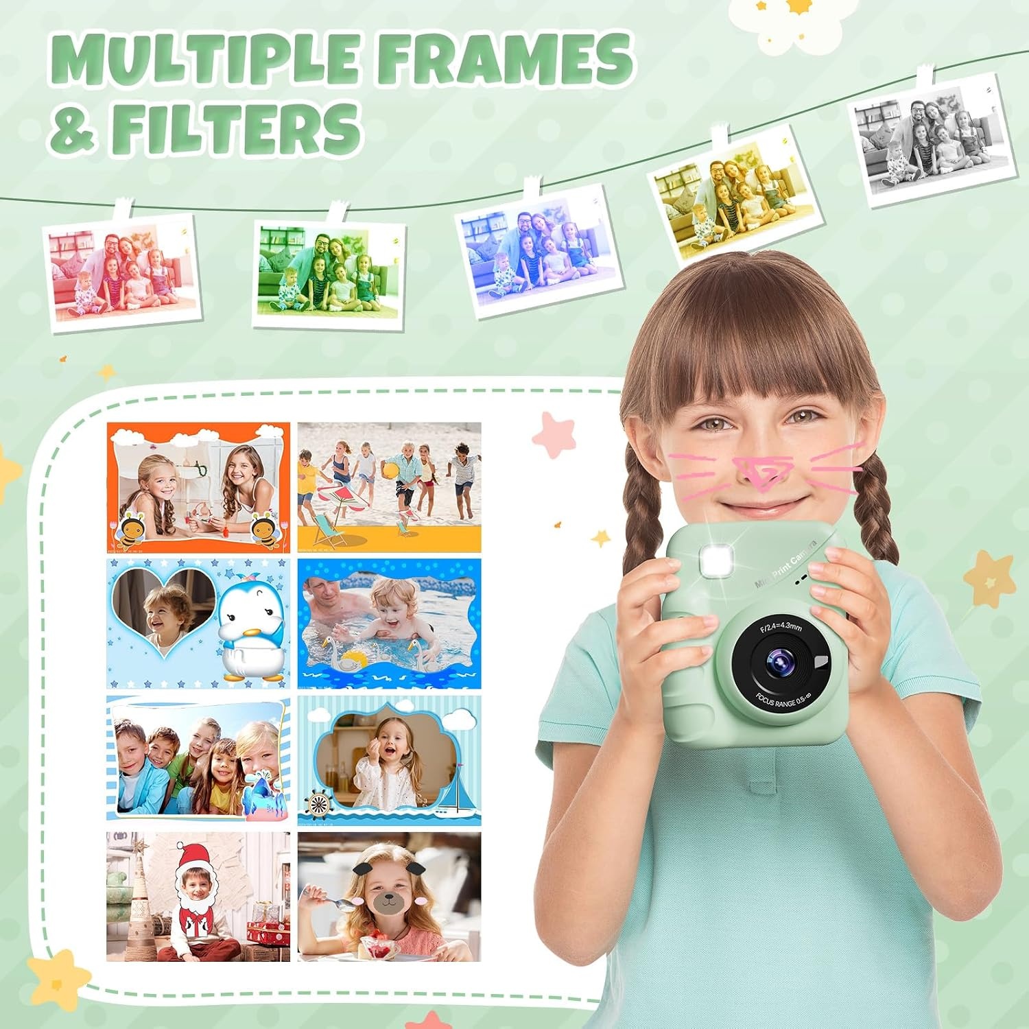 CalineGam Kindercamera Direct Printen, 3.0'' HD Scherm 48MP Fotocamera voor Kinderen met 32GB Kaart & Printpapier, 1080P HD Digitale Camera, Ideaal Cadeau voor Jongens Meisjes 3-12 Jaar (Groen)