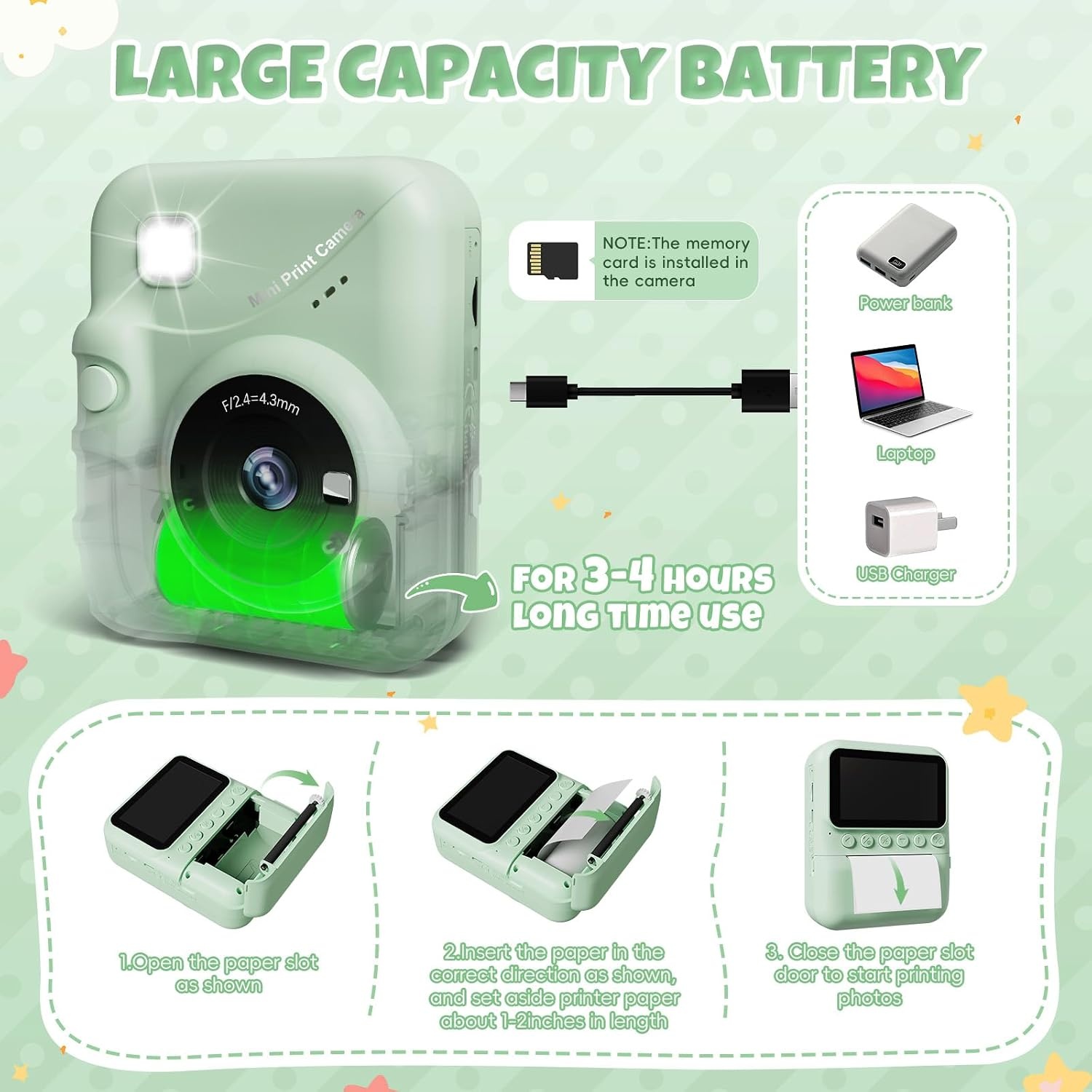 CalineGam Kindercamera Direct Printen, 3.0'' HD Scherm 48MP Fotocamera voor Kinderen met 32GB Kaart & Printpapier, 1080P HD Digitale Camera, Ideaal Cadeau voor Jongens Meisjes 3-12 Jaar (Groen)