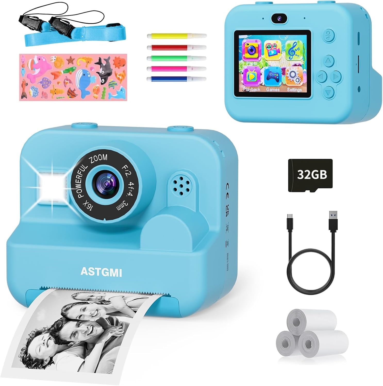 ASTGMI Instant Camera voor kinderen - 2.4 inch scherm - 32GB - Blauw