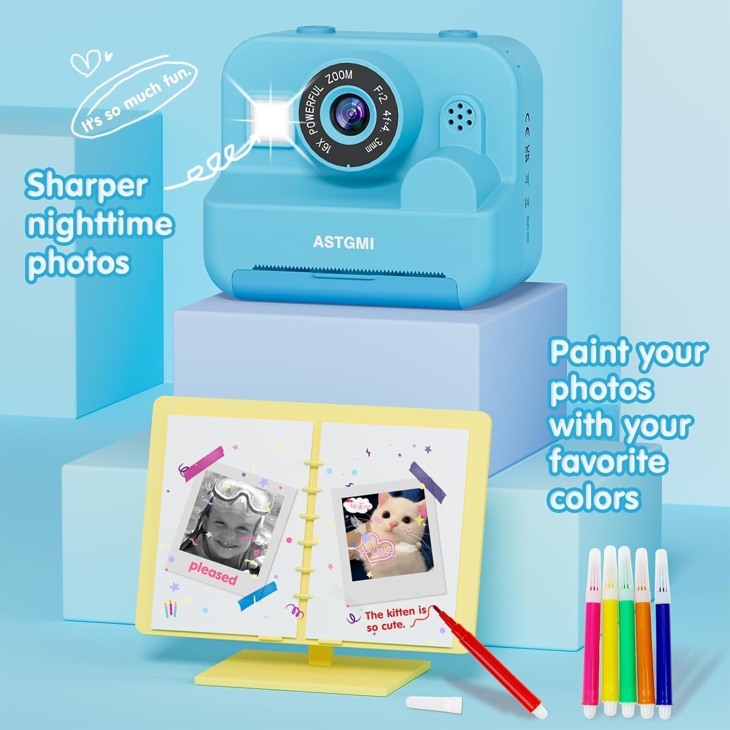 ASTGMI Instant Camera voor kinderen - 2.4 inch scherm - 32GB - Blauw