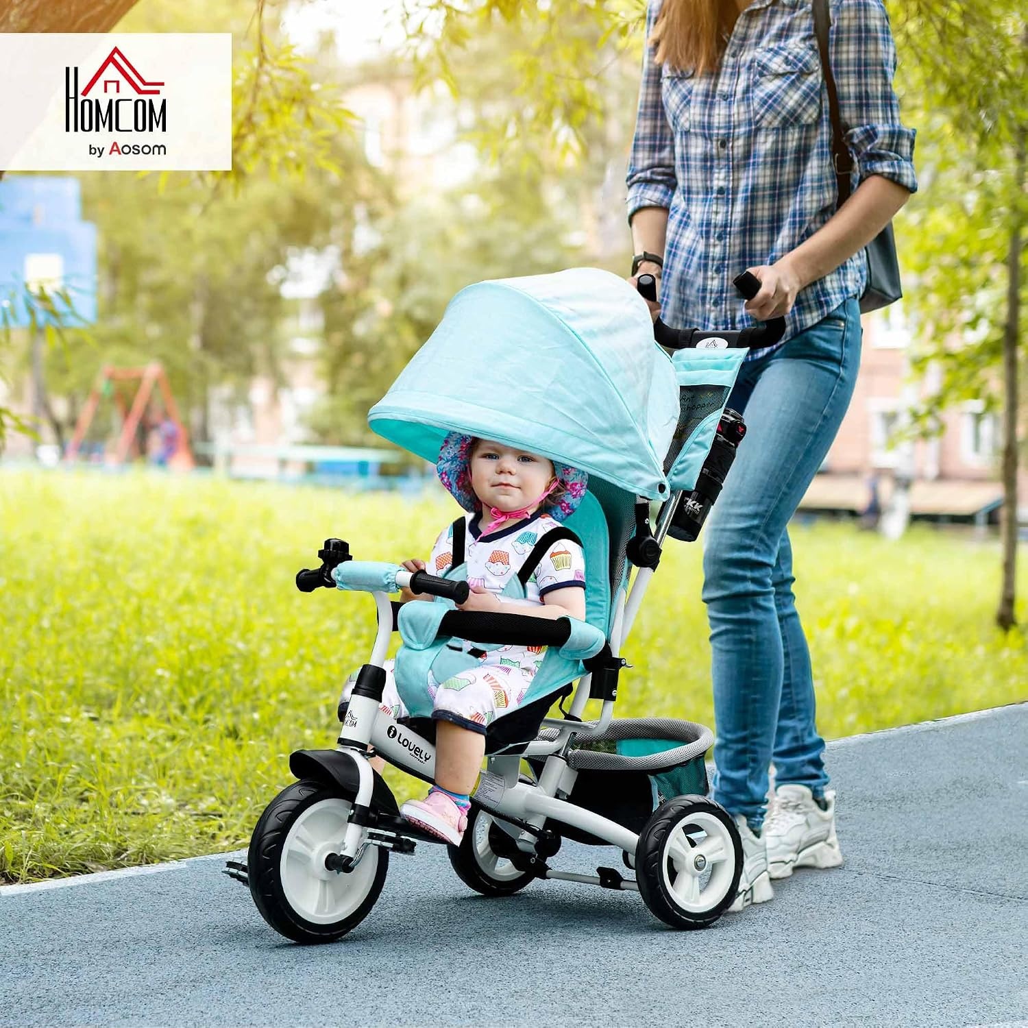 HOMCOM 6-in-1 Kinderdriewieler met Duwstang - Groen - 102 x 49 x 102 cm