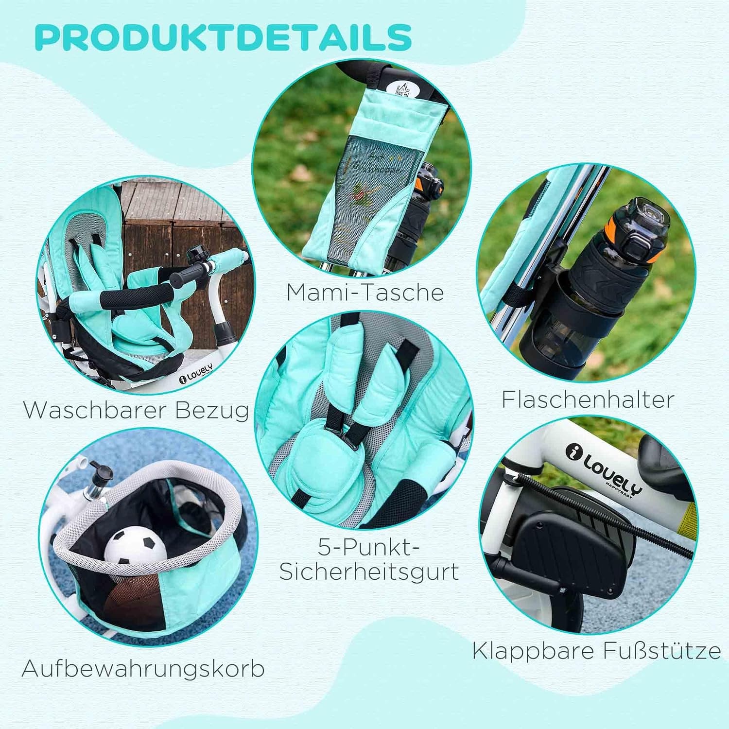 HOMCOM 6-in-1 Kinderdriewieler met Duwstang - Groen - 102 x 49 x 102 cm