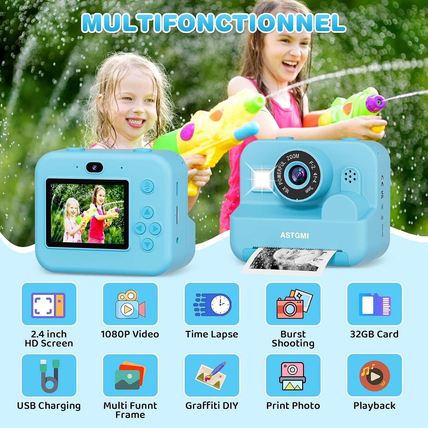 Instant camera voor kinderen, met selfie, compacte camera, 1080p HD, directe print van foto's, verjaardagscadeau, kerstcadeau, speelgoed vanaf 3, 4, 5, 6, 8, 7, 9, 10, 11 jaar, meisjes, jongens