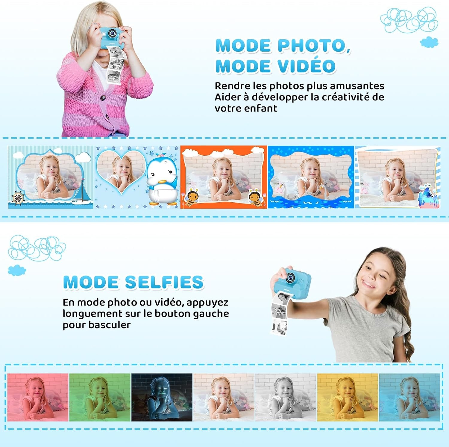 Instant camera voor kinderen, met selfie, compacte camera, 1080p HD, directe print van foto's, verjaardagscadeau, kerstcadeau, speelgoed vanaf 3, 4, 5, 6, 8, 7, 9, 10, 11 jaar, meisjes, jongens