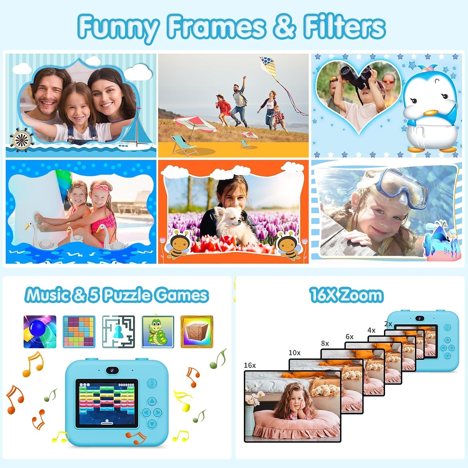 Instant camera voor kinderen, met selfie, compacte camera, 1080p HD, directe print van foto's, verjaardagscadeau, kerstcadeau, speelgoed vanaf 3, 4, 5, 6, 8, 7, 9, 10, 11 jaar, meisjes, jongens