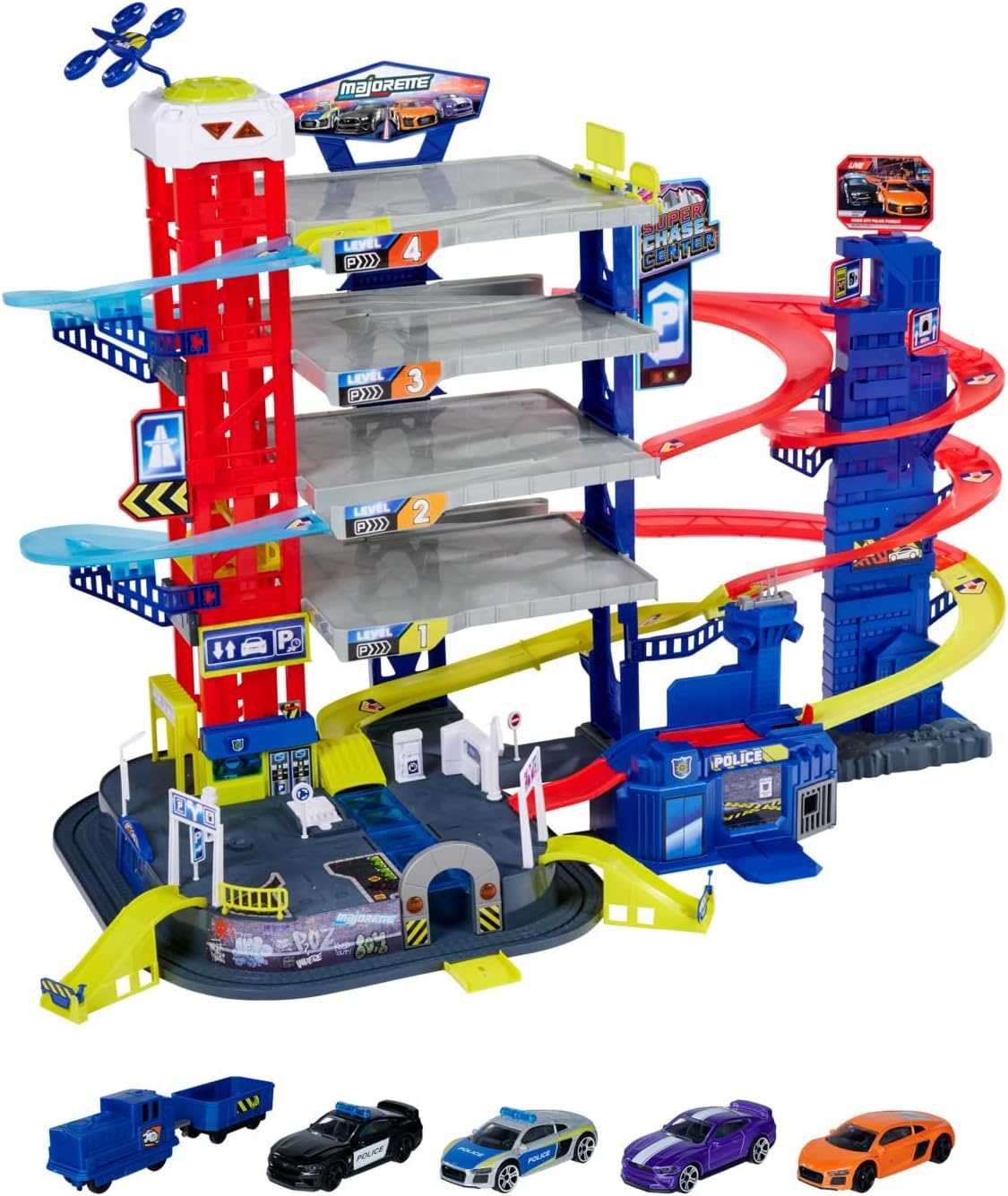 Dickie Toys Majorette 212059984 - Super City Chase Center Playset, 5 verdiepingen, licht, geluid, 4 die-cast auto's, 112 x 70 x 84 cm, Speelgoedgarage, vanaf 5 jaar,meerkleurig