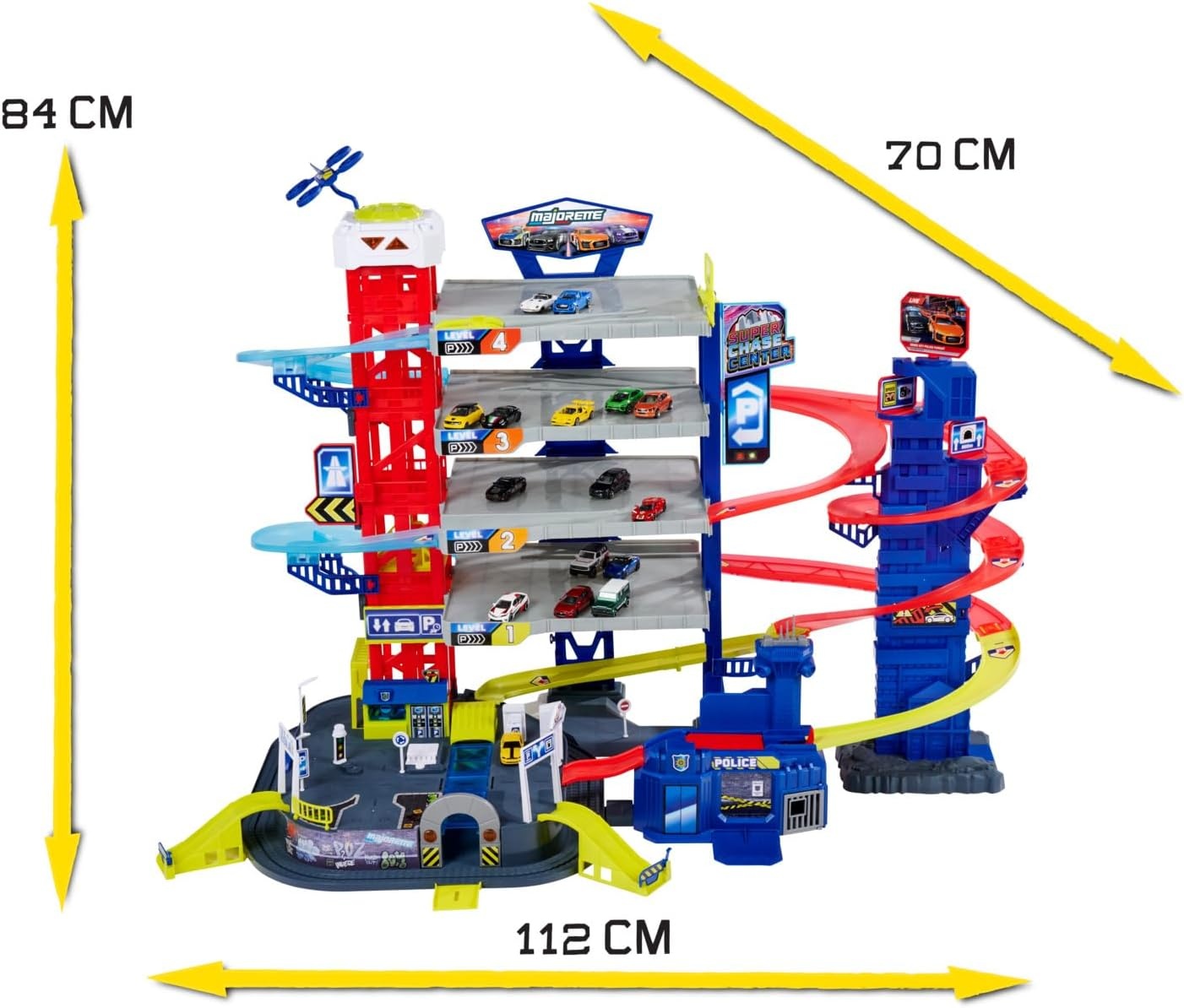 Dickie Toys Majorette 212059984 - Super City Chase Center Playset, 5 verdiepingen, licht, geluid, 4 die-cast auto's, 112 x 70 x 84 cm, Speelgoedgarage, vanaf 5 jaar,meerkleurig