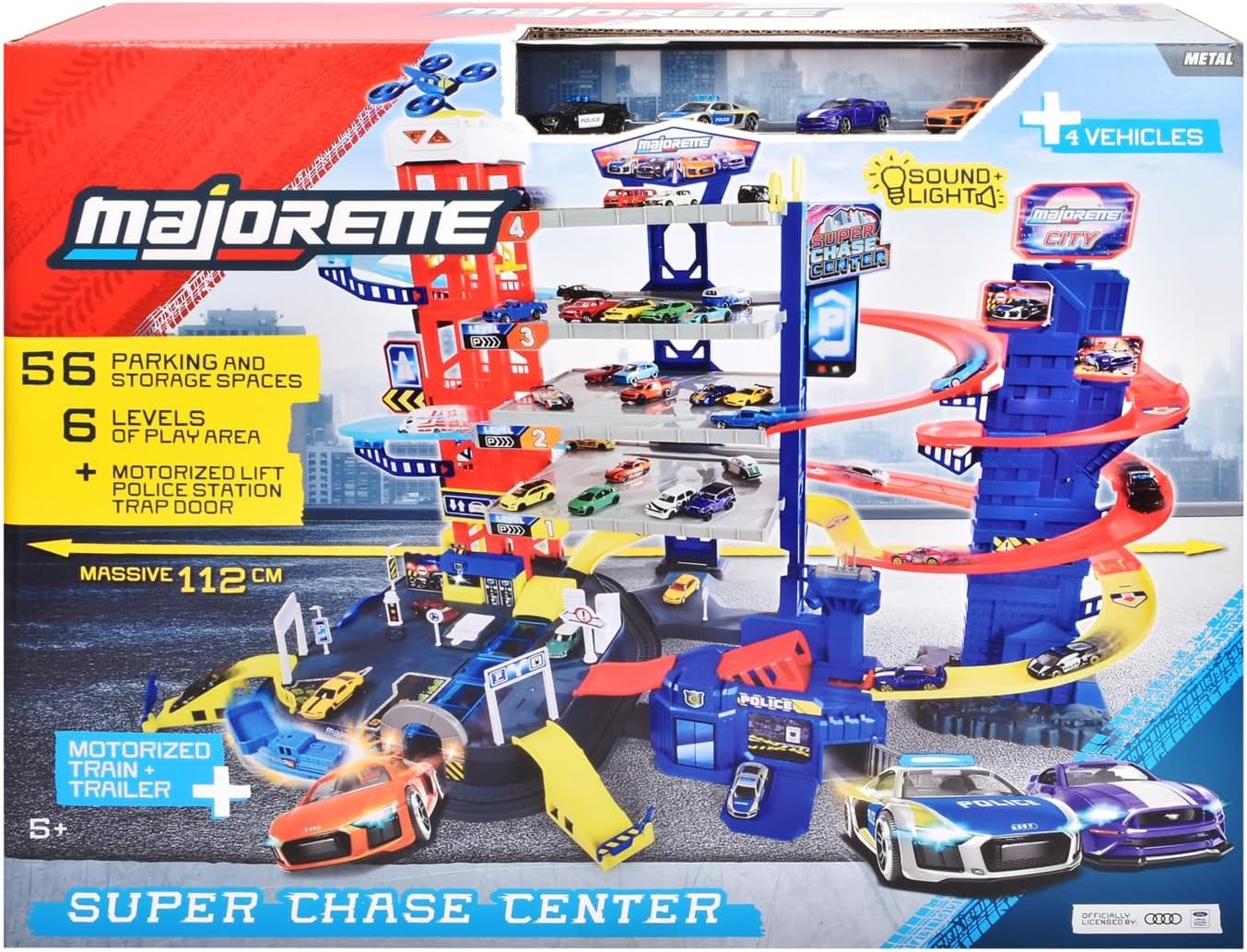 Dickie Toys Majorette 212059984 - Super City Chase Center Playset, 5 verdiepingen, licht, geluid, 4 die-cast auto's, 112 x 70 x 84 cm, Speelgoedgarage, vanaf 5 jaar,meerkleurig